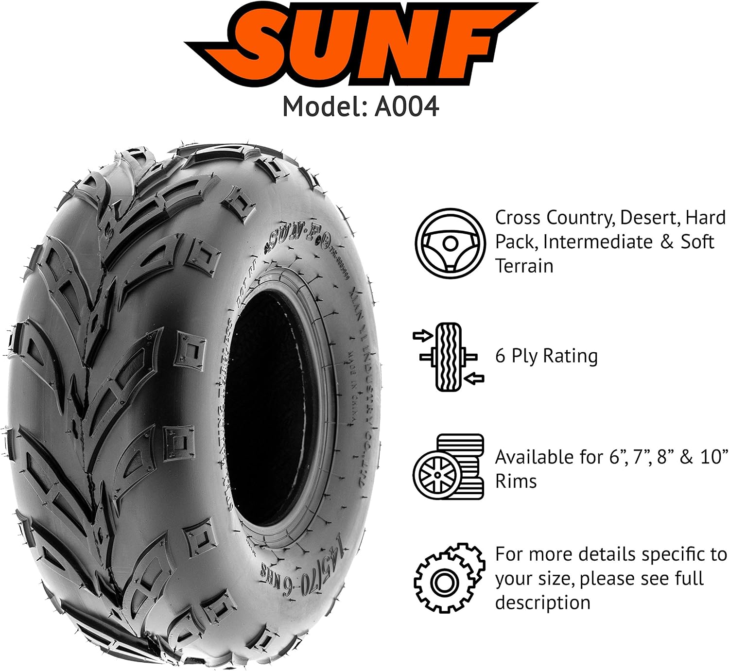 SunF A004 ATV UTV Off-Road Tire 22x10-10, 6 PR, Track & Trail, Tubeless