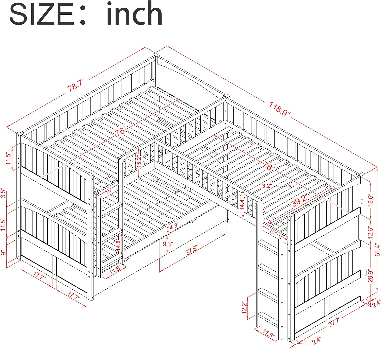 Harper & Bright Designs Twin L-Shaped Bunk Bed with Trundle, Can be Divided into Two L-Shaped Beds, No Spring Box Needed (Grey)