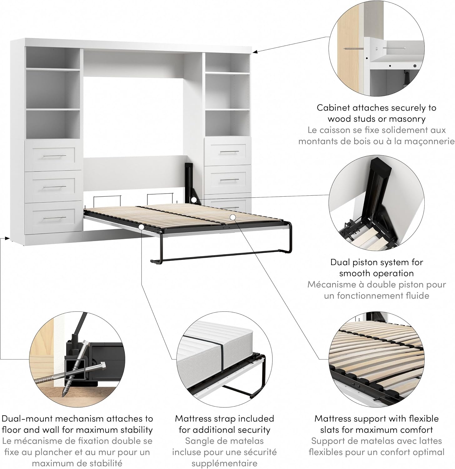 Bestar Pur Full Murphy Bed and 2 Shelving Units with Drawers, 109-inch Space-Saving Sleeping Arrangement in White | 2 Shelving Units with Drawers; supports up to 1000 lb; min. ceiling height 86.4 in.; dual piston mechanism; 10-year warranty