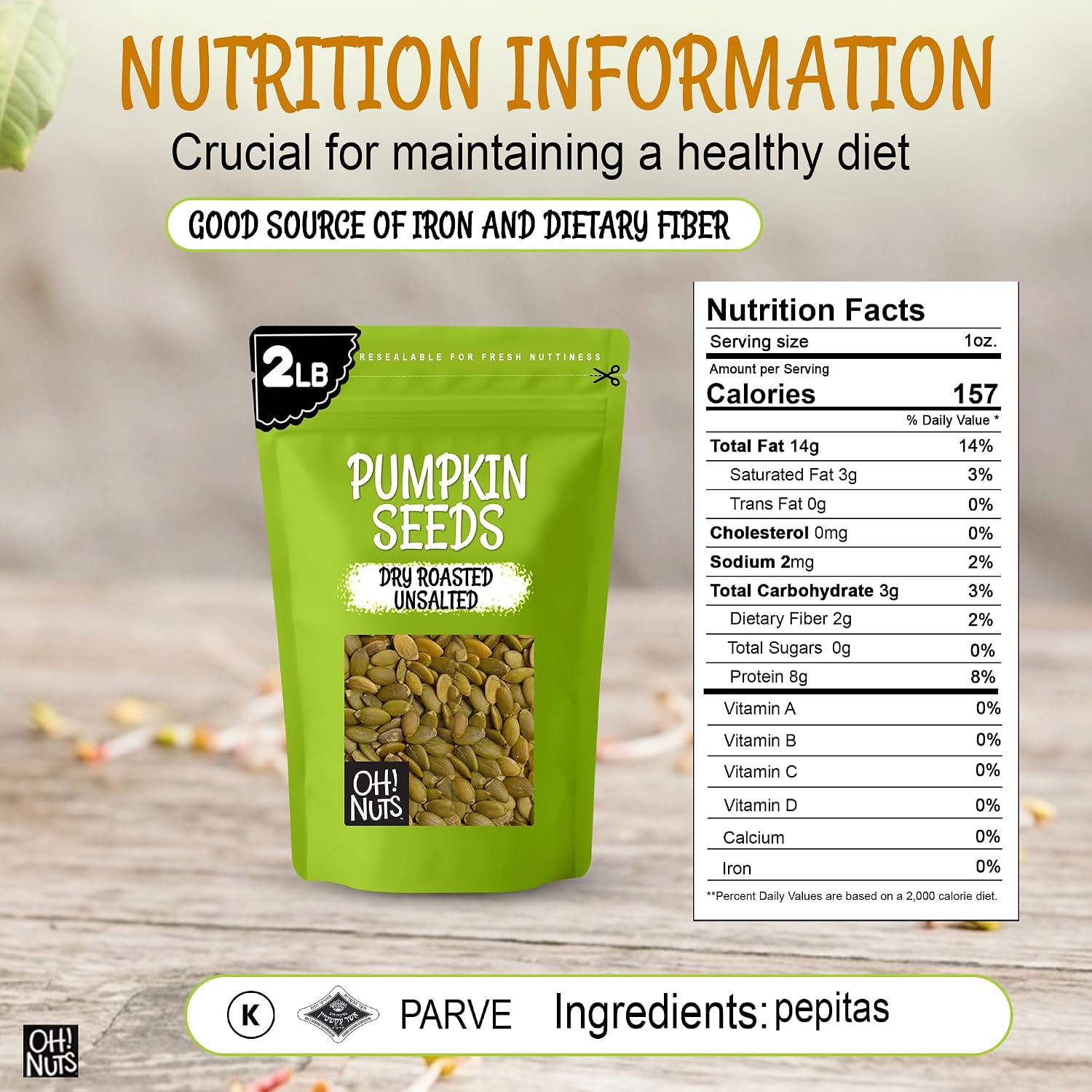 Oh! Nuts Pumpkin Seeds Roasted Unsalted 2lb Pepitas Dry Roasted Organic | Pumpkin seeds unsalted roasted - Pepitas protein power - Packed NY