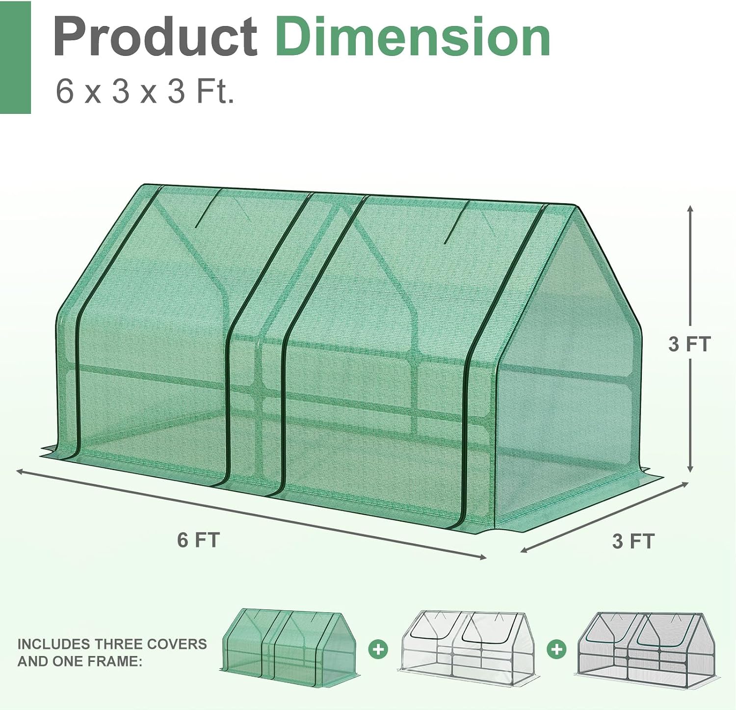 Aoodor 6 x 3 x 3 ft Mini Greenhouse with 2 Zipper Doors, Water-Resistant, UV-Protected for Flowers, Vegetables, and Herbs, Green