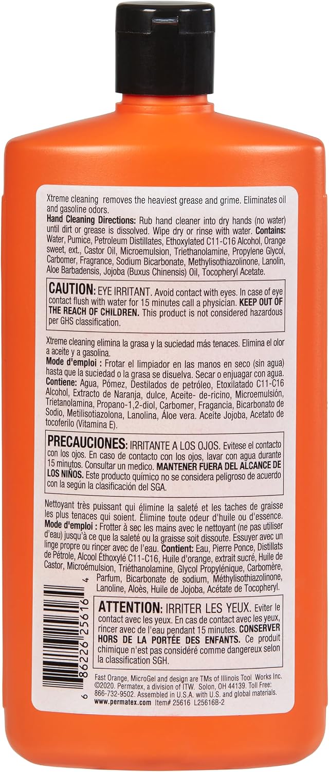 Fast Orange 25108 Pumice Lotion, Heavy Duty Hand Cleaner, Natural Citrus Scent, Waterless Cleaner For Mechanics, Strong Grease Fighter, 7.5 oz