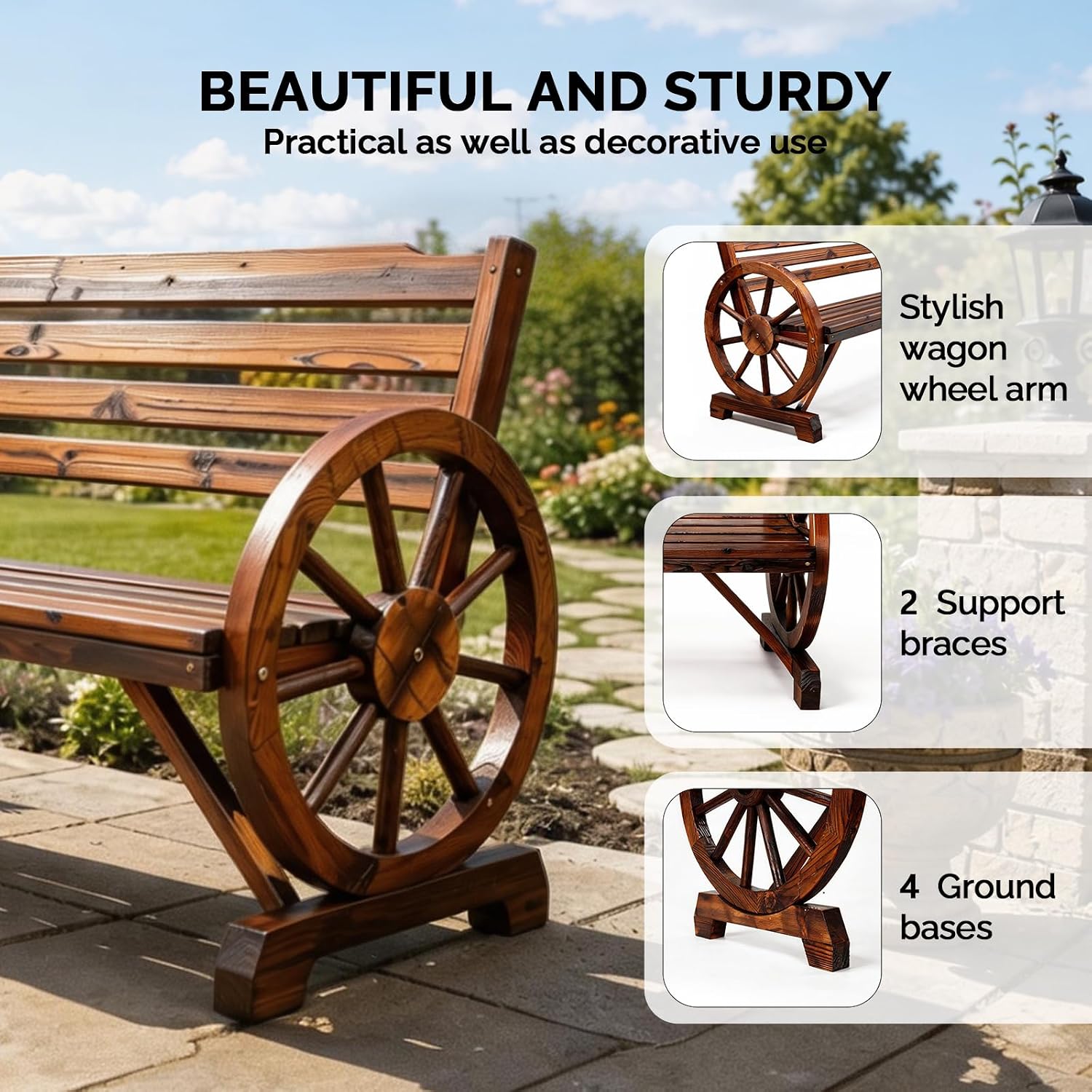 VINGLI Rustic Wooden Wheel Bench Outdoor Bench, Patio Bench Wagon Slatted Seat, Garden Benches for Outdoors 350lbs High Capacity