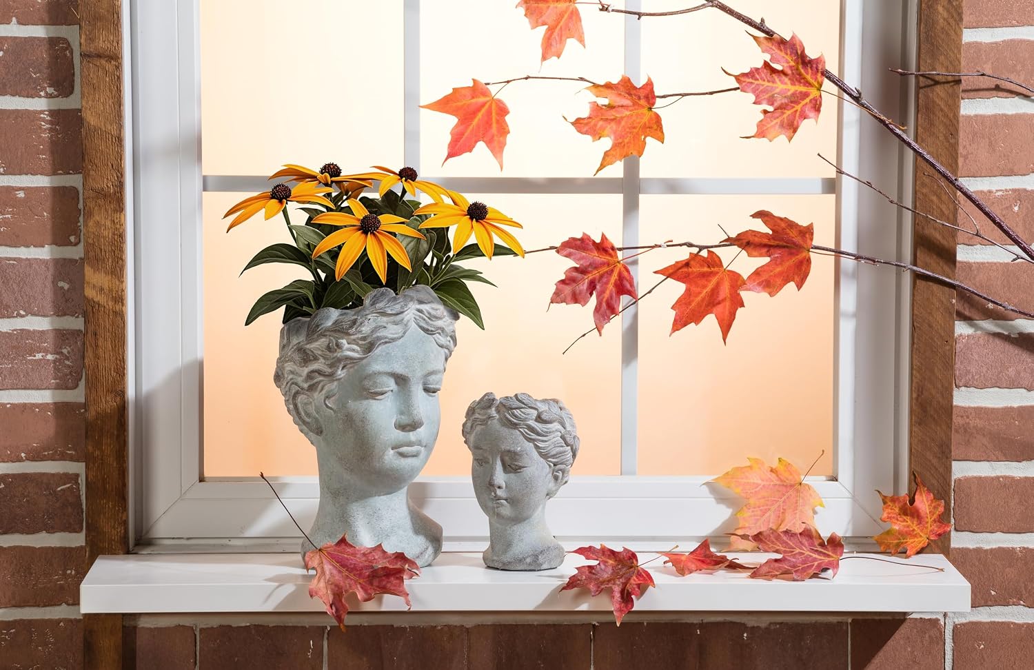 Abbott Collection Large Woman Head Planter | Hand-Finished Greco-Roman Style, Indoor & Outdoor, For Flowers & Succulents, Cement, Gray, 10"H