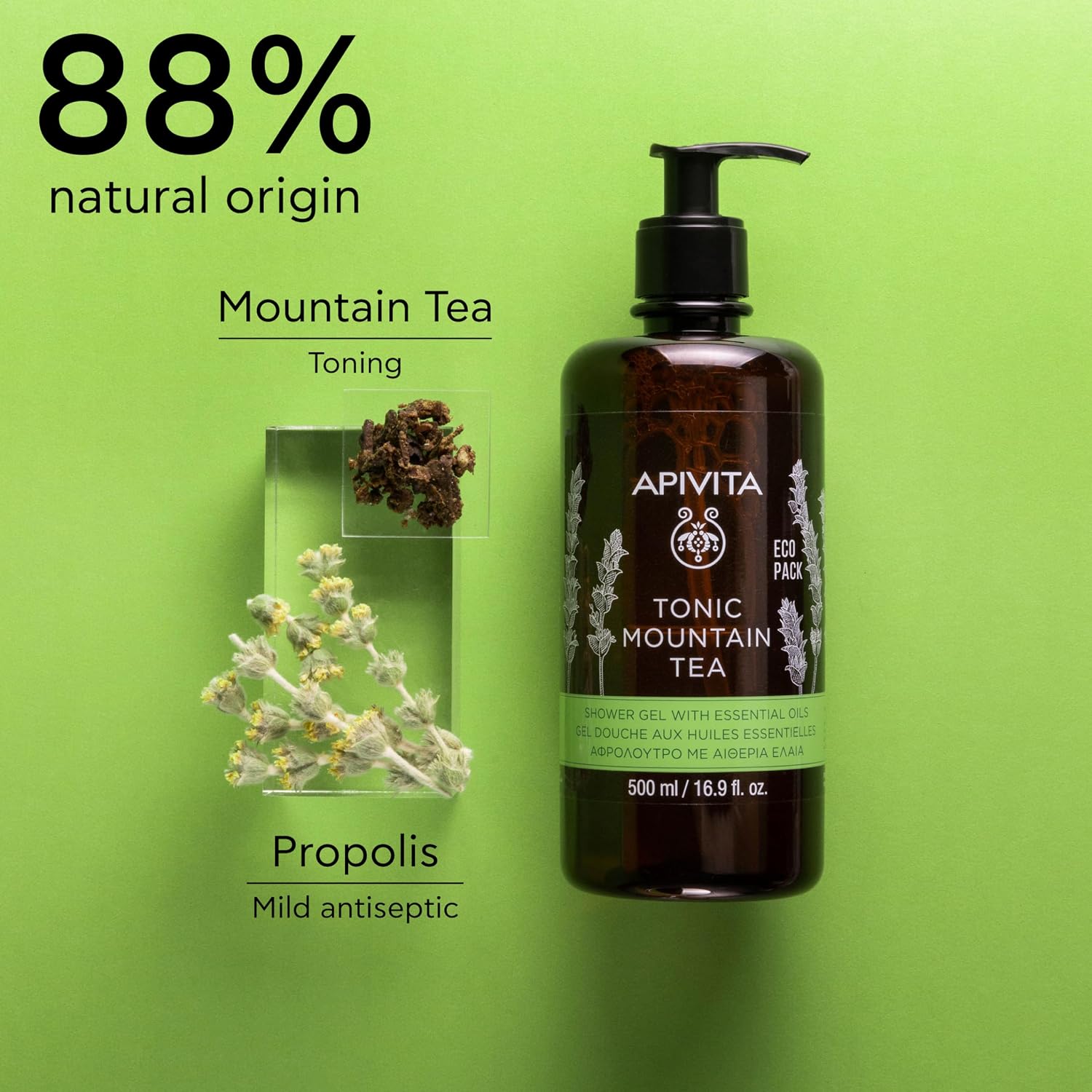 APIVITA Tonic Mountain Tea Shower Gel | Gently Cleanses, Revitalizes & Preserves Moisture with Mountain Tea, Propolis & Essential Oils