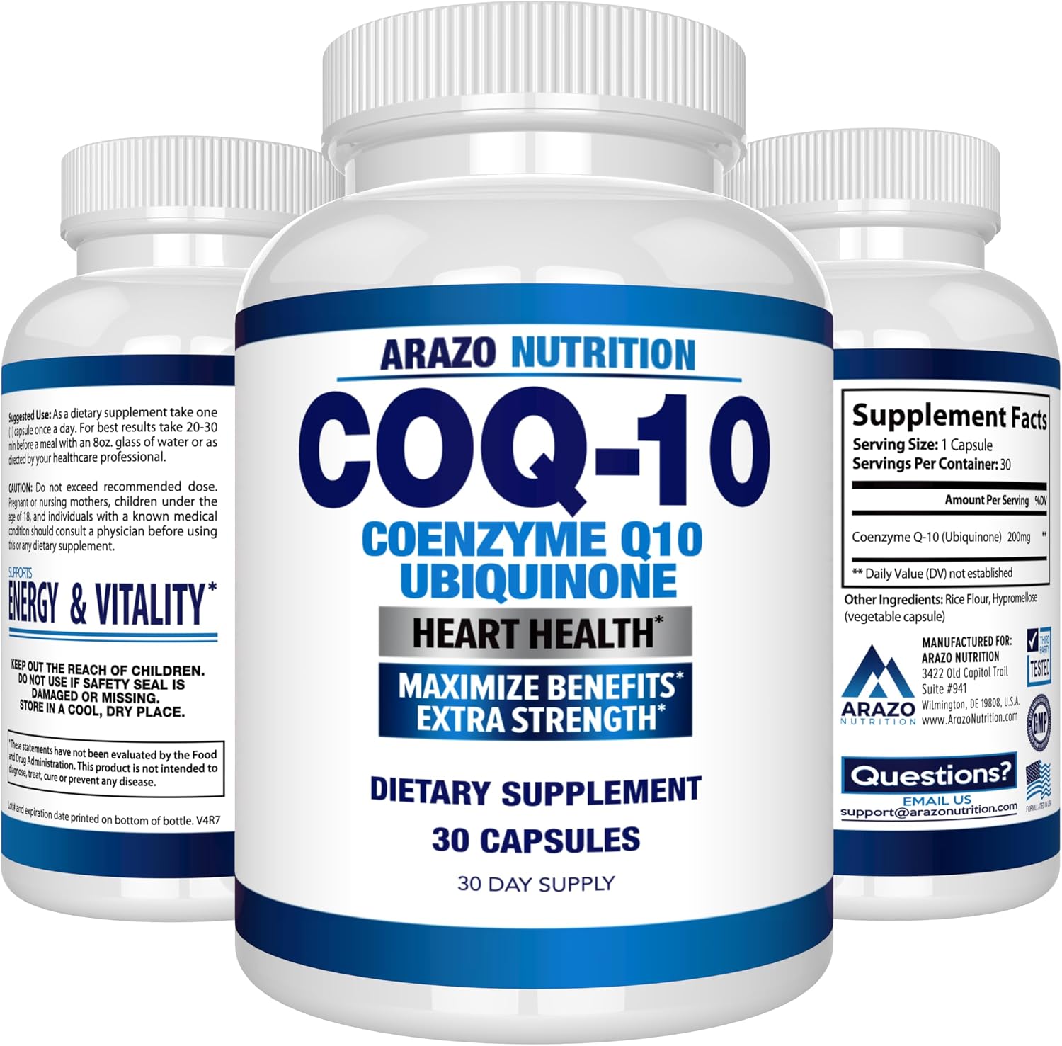 Arazo Nutrition CoQ10 Ubiquinone Coenzyme Q10-200mg Per Serving Maximum Strength Nutritional Supplement - High Absorption Capsules with No Soy
