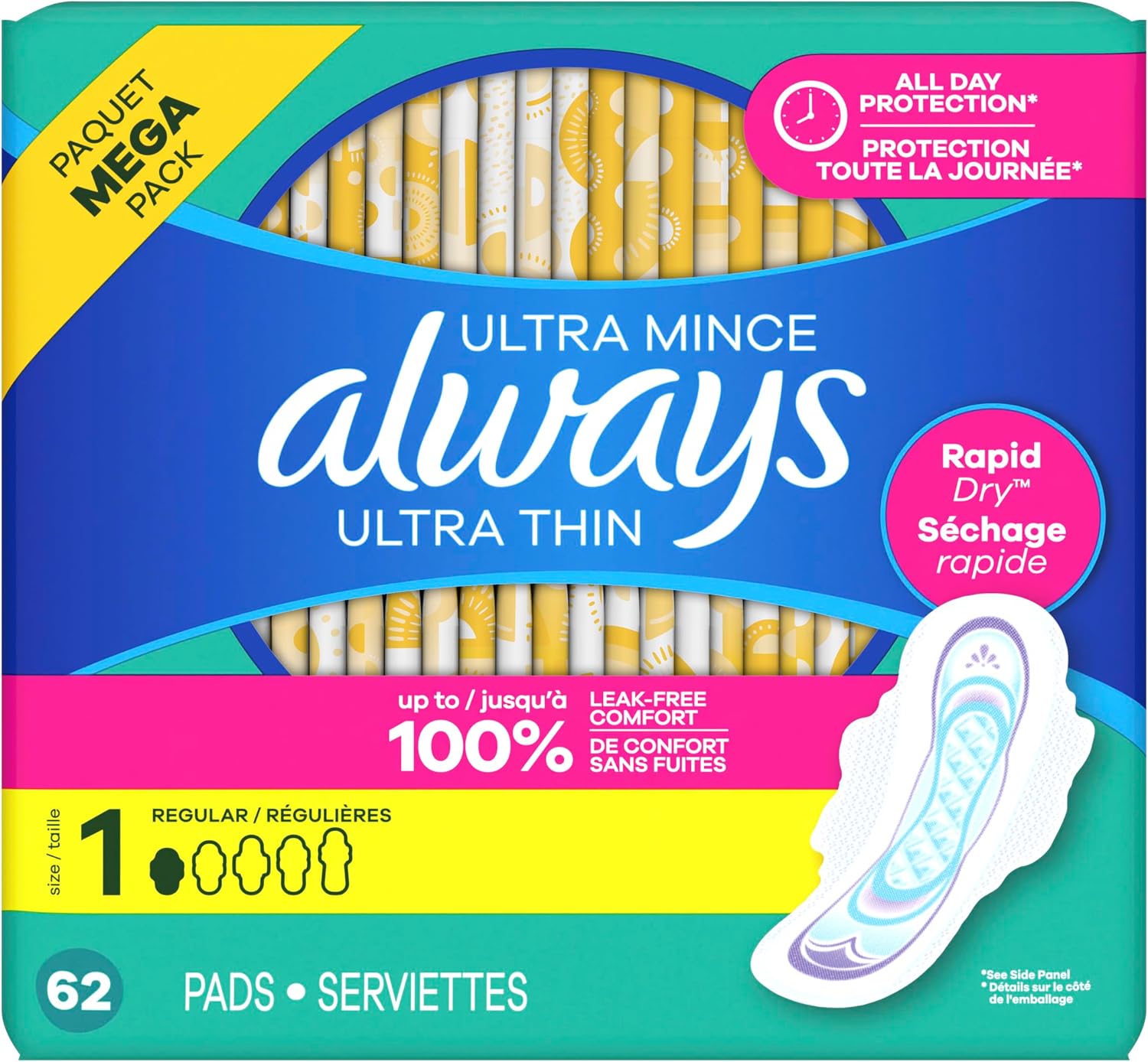 Always Ultra Thin Feminine Pads with Wings for Women, Size 1, Regular Absorbency, Unscented, Up to 100% Leak-Free Protection, 46 Count