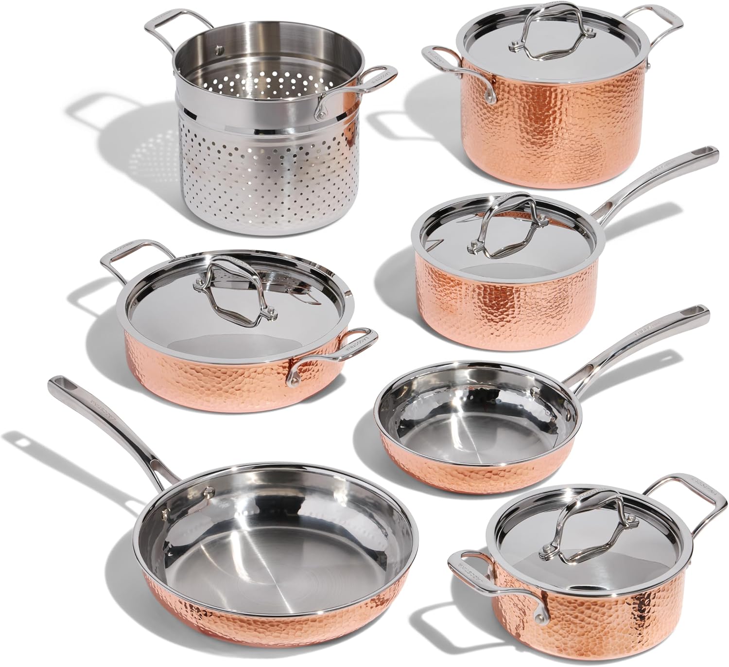 Lagostina Martellata Tri-ply Hammered Copper 11 PC Pots and Pans Cookware Set, Copper