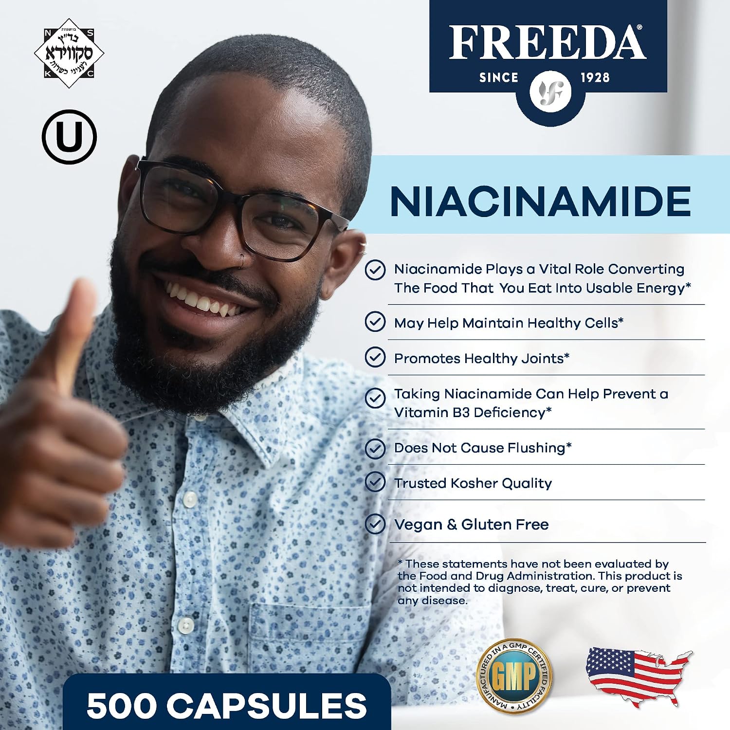 FREEDA 250mg Niacinamide & Vitamin B3 Supplement - 500 Capsules | Vegetarian Niacinamide Supplement with No-Flush Formula - Supporting Skin Health &