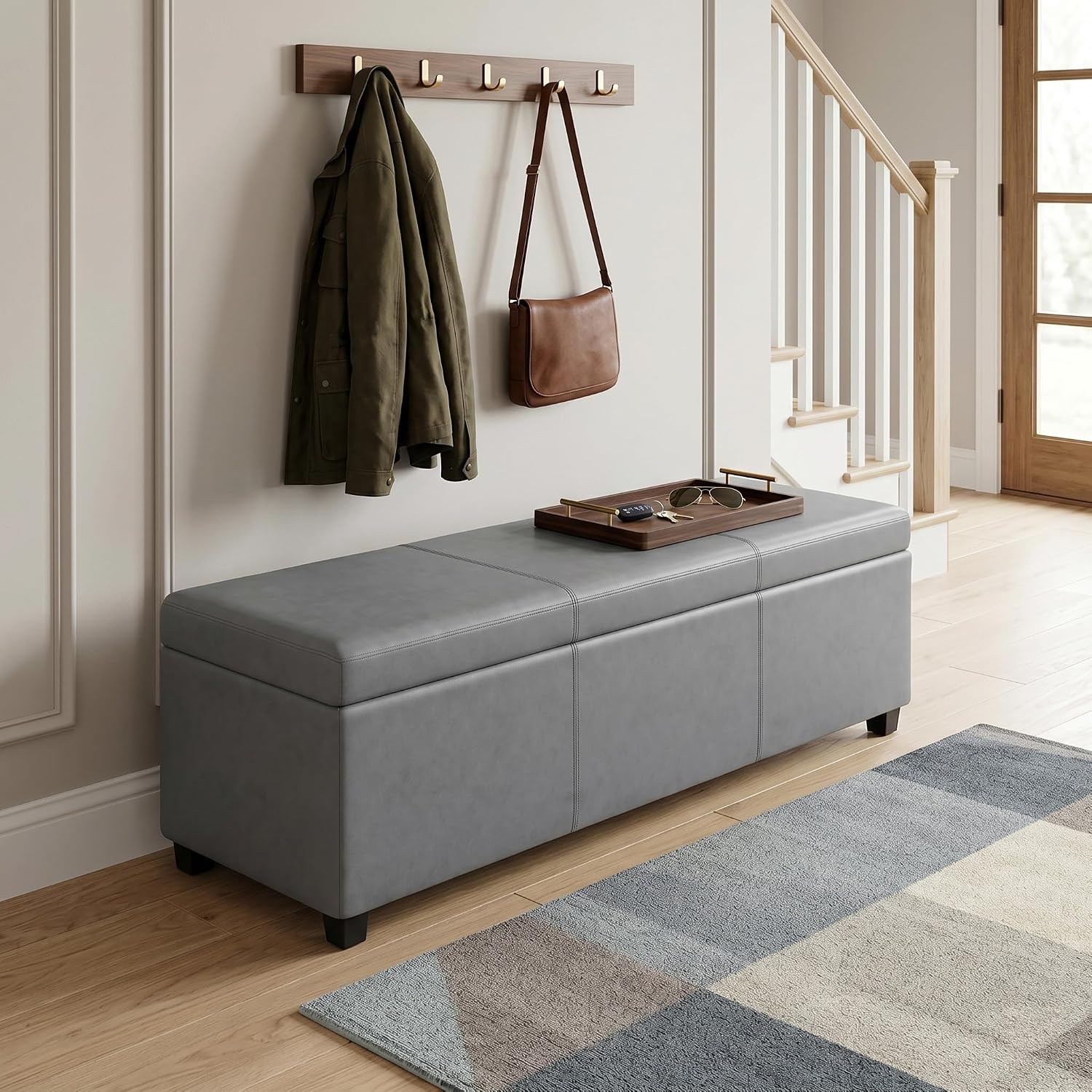 SIMPLIHOME Avalon 54" Wide Vegan Leather Storage Ottoman in Tanners Brown