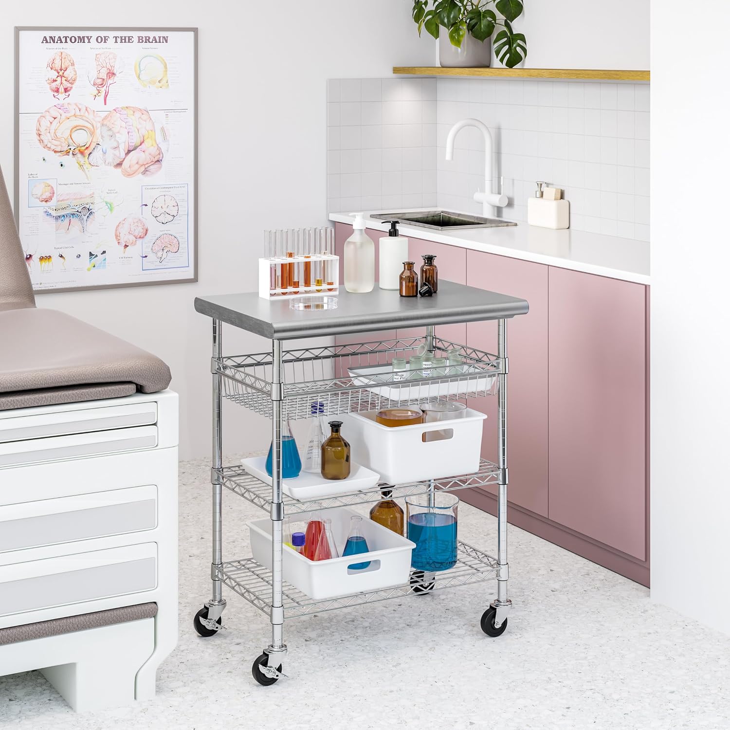 Stainless-Steel Commercial-Grade NSF-Certified Prep Table Cart, 24"W x 20"D | Heavy-duty durable utility workstation supports up to 450 lb w/ adjustable wire shelf and sliding basket on locking wheels