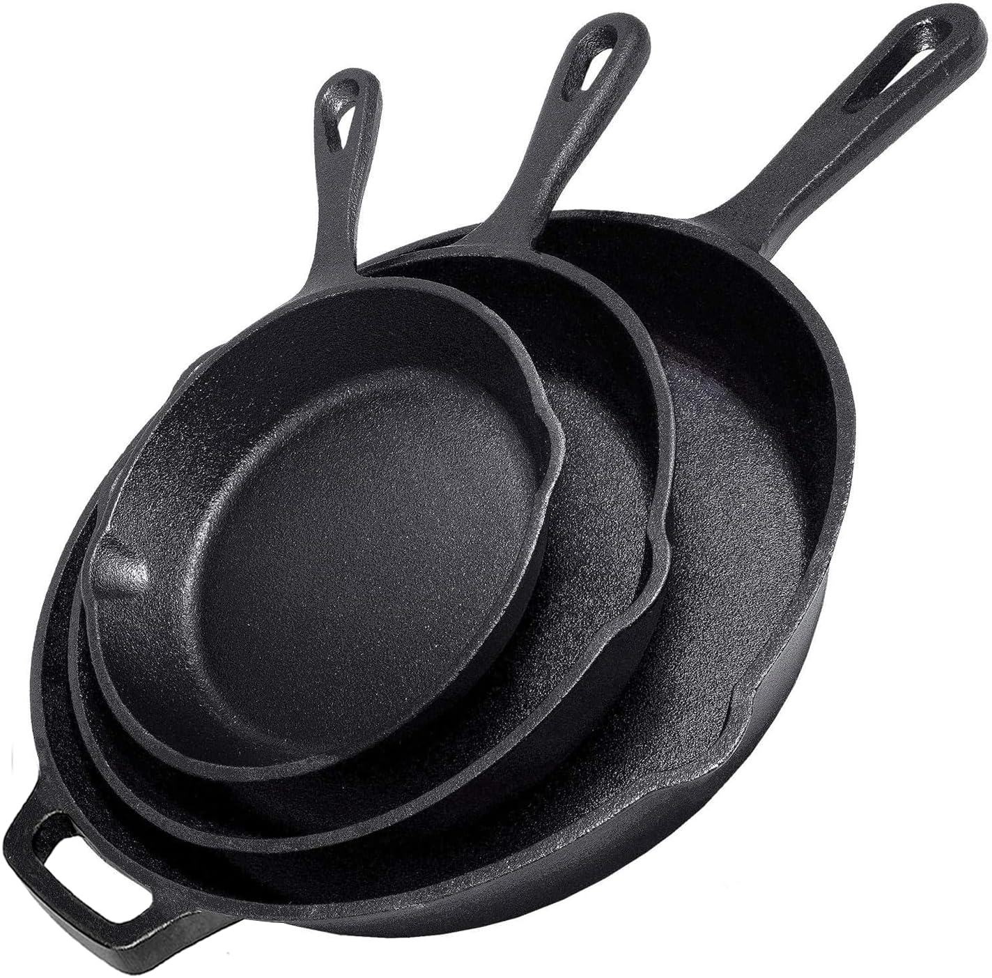 Cast Iron Skillet 3-Piece Set w/Cookbook - Heavy-Duty Professional Restaurant Chef Quality Pre-Seasoned Pan Cookware - 10", 8", 6.25" Pans - For Frying, Saute, Cooking, Pizza - Black