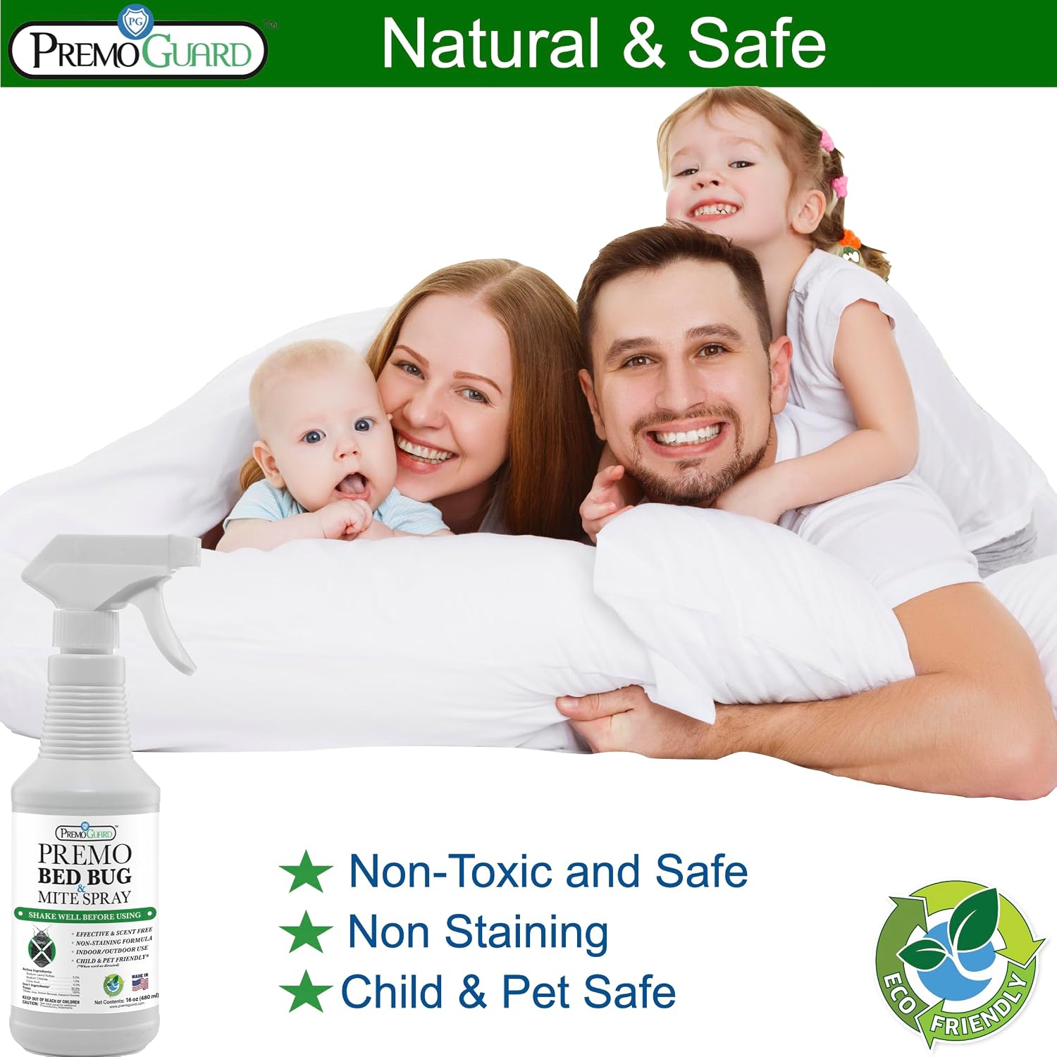 Premo Guard Bed Bug & Mite Killer Spray – University Tested 100% Kill Rate | Natural, Safe for Bedding, Furniture, Fabrics, and Clothing, Non Toxic, Stain & Scent Free, Child & Pet Safe