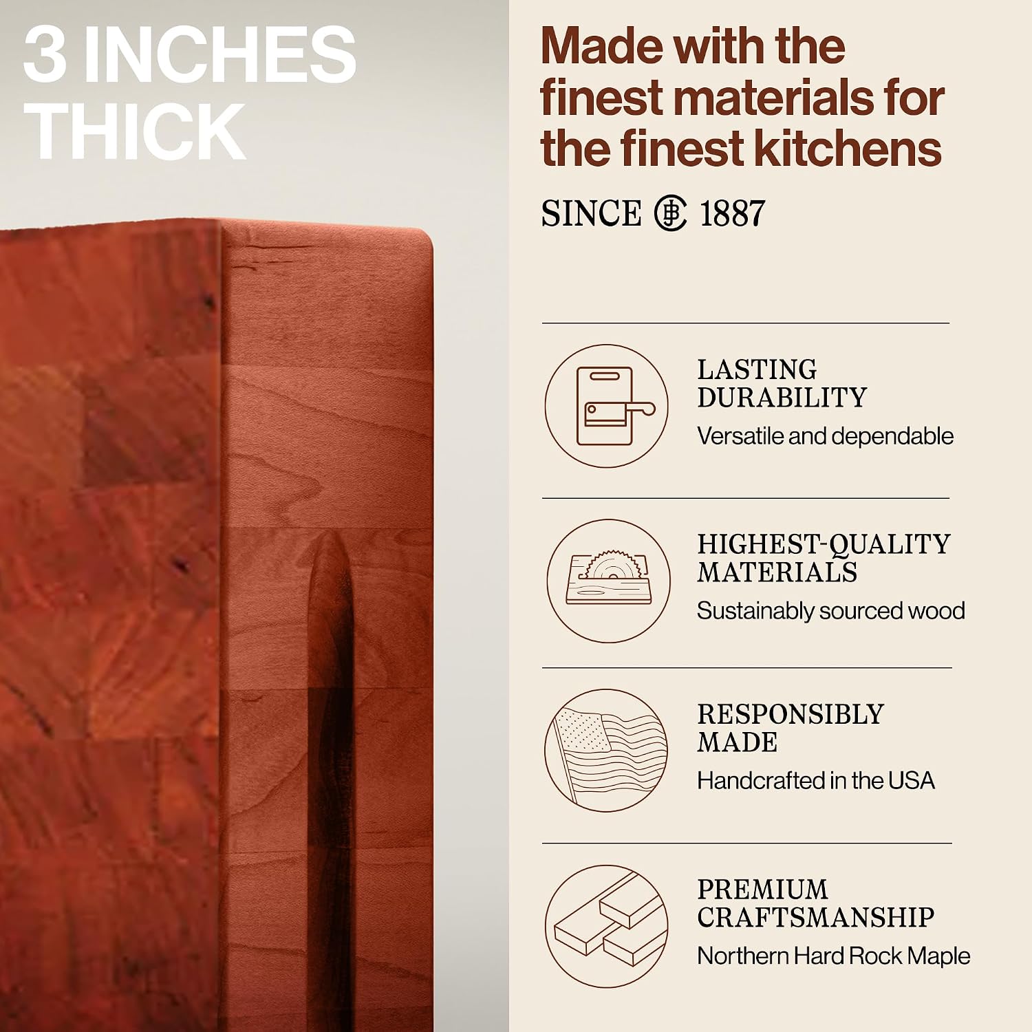 John Boos CCB Series Square Wooden Maple Cutting Board 12”x12” – 3” Thick, 13-lb Reversible Butcher Block with End-Grain & Finger Grips – Made in the USA