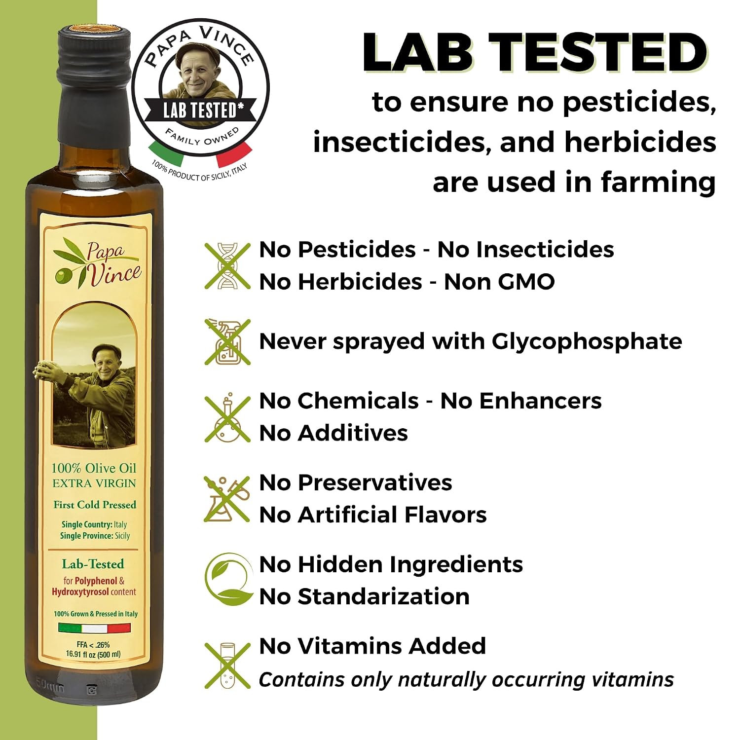 Papa Vince Olive Oil Extra Virgin - First Cold Press, Sicily, Italy | Buttery, smooth, gentle peppery finish - unrefined, unblended