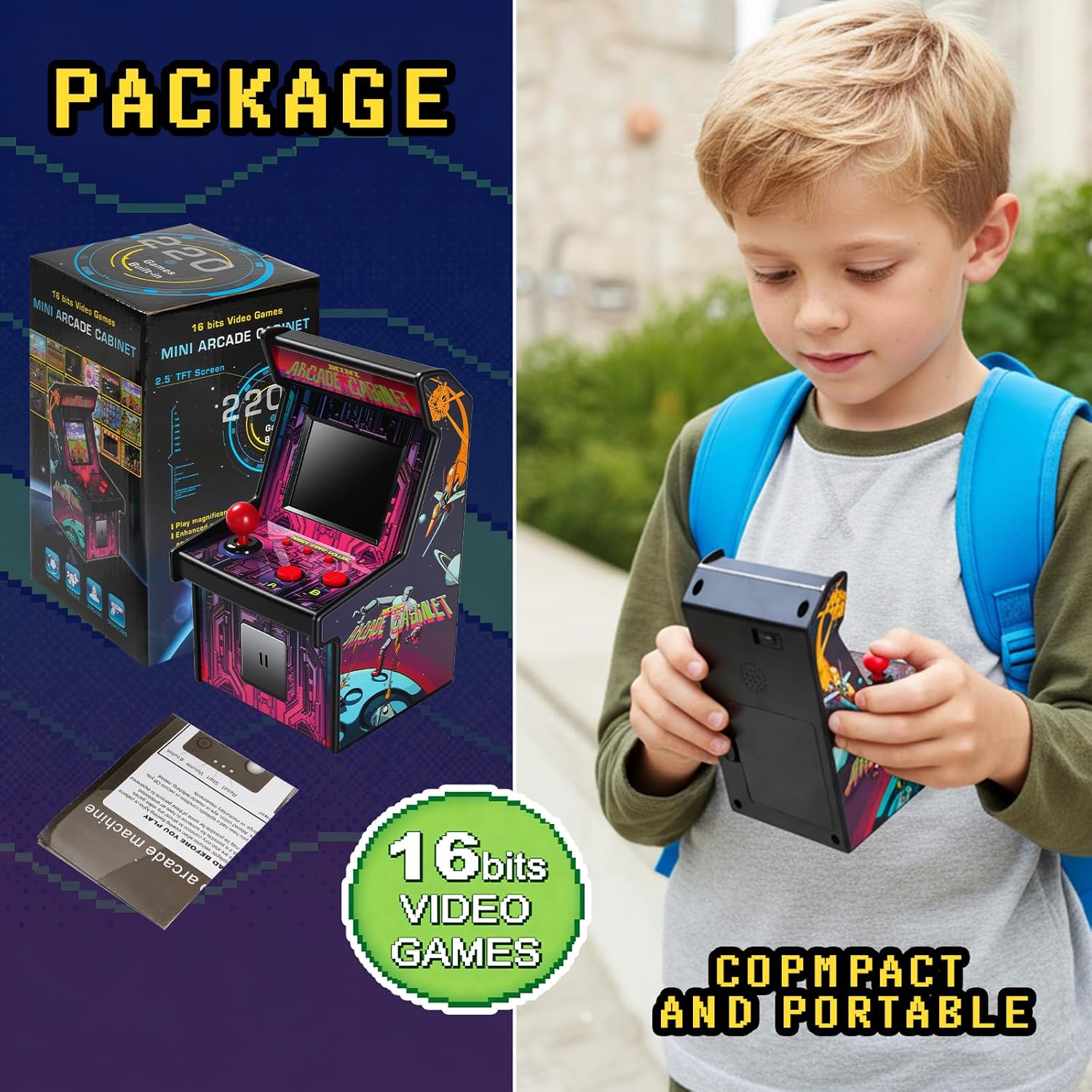 16 Bit Mini Arcade Machine Handheld Games Console for Kids Adults, 8-Way Joystick, 2.5'' Large Screen, 220 Built-in Classic Video Games, Gift for Kids