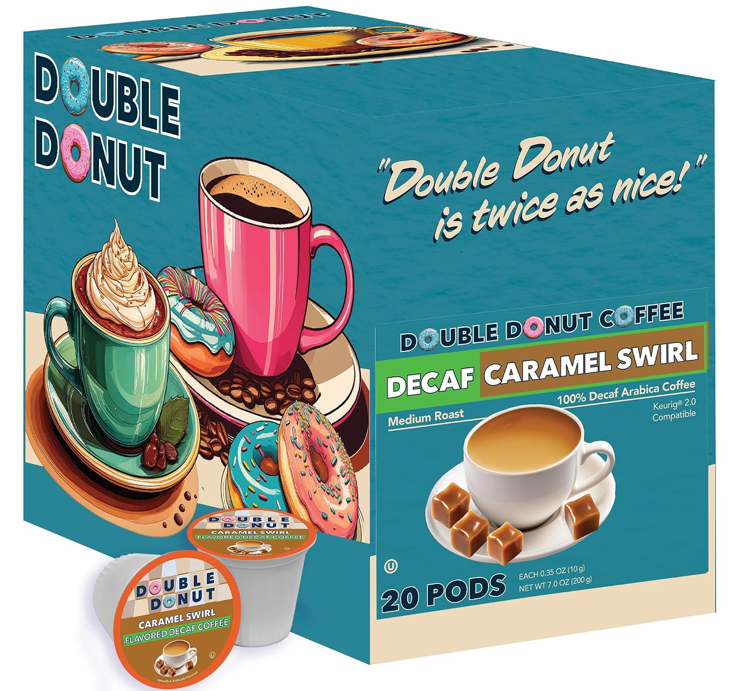 Double Donut Coffee Double Donut Medium Roast Decaf Coffee Pods, Classic, for Keurig K-Cup Machines, 24 Single-Serve Capsules per Box