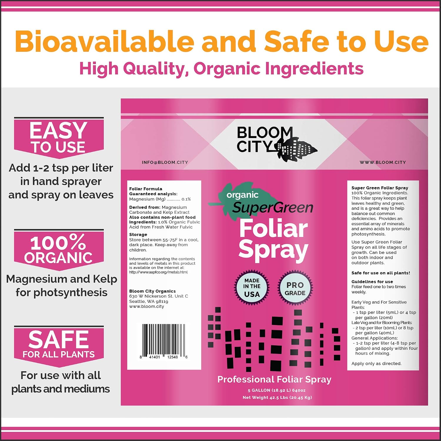 Bloom City Supergreen Organic Kelp Foliar Spray – Liquid Plant Supplement for Faster Nutrient Uptake, Greener Leaves & Vigorous Growth, 32 oz