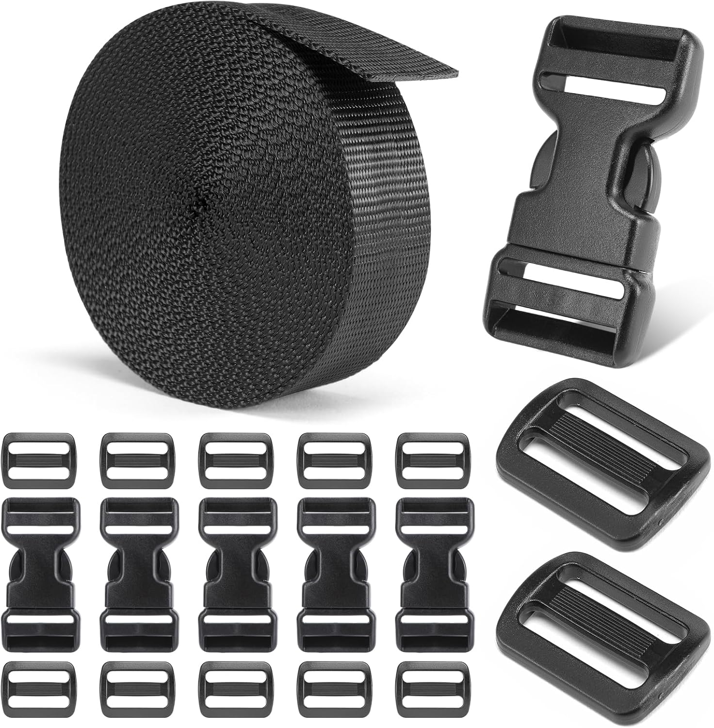 BEYOURD Buckles and Straps Set 1": 6 Yards of Thick Nylon Webbing, 6-Pack Heavy Duty Adjustable Quick Side Release Plastic Buckles