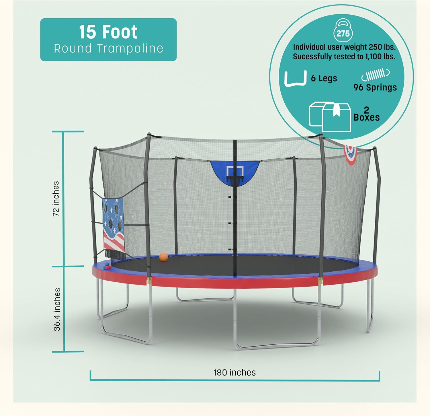 Skywalker Trampoline Outdoor 8 FT, 12 FT, 15 FT Jump N’ Dunk Round Outdoor Trampoline with Net, Trampoline Mat, and Basketball Hoop for Trampoline