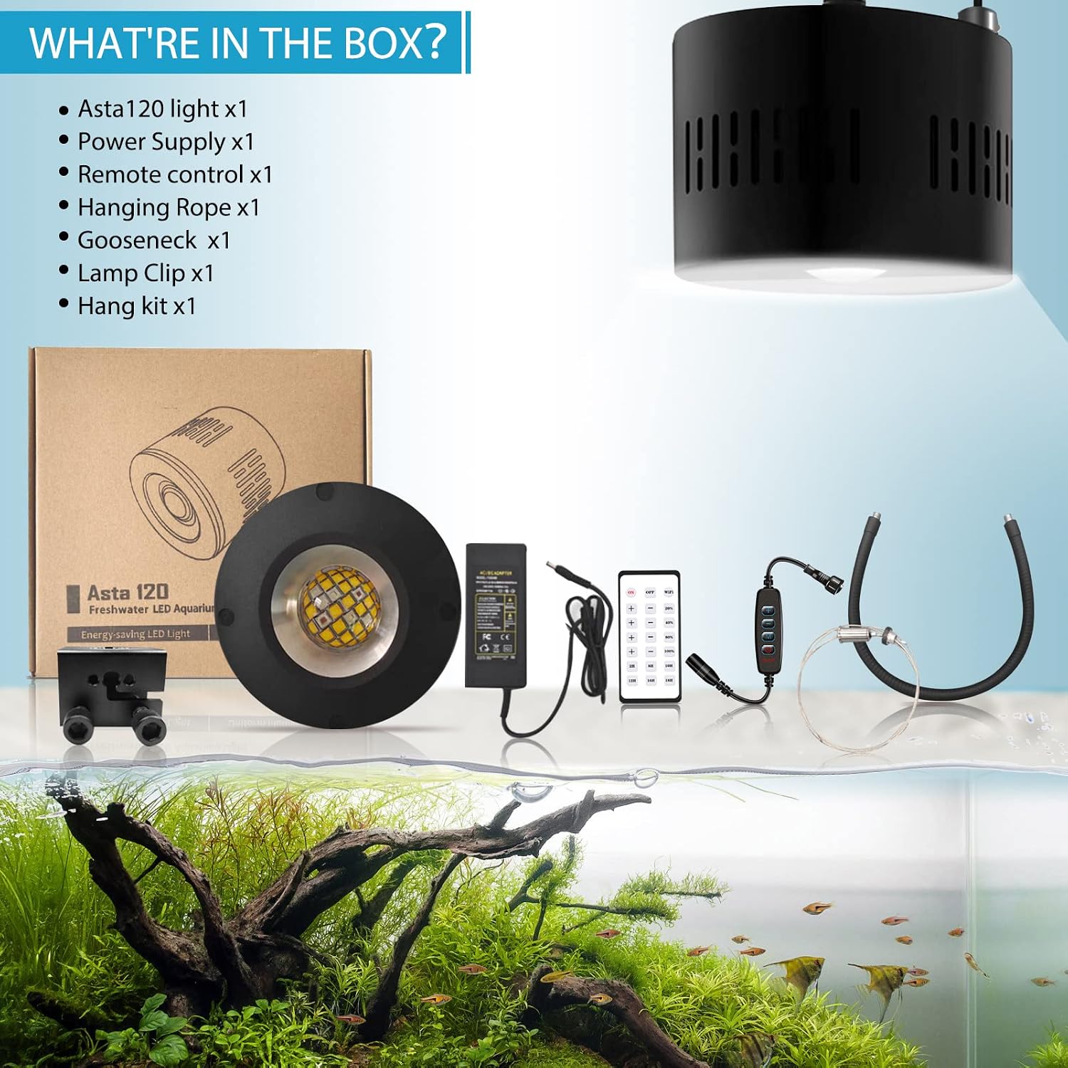 Lominie LED Aquarium Light, Planted Tank Light 4 Channels Remote Control 6500K Aquarium LED Lamp for Freshwater Fish Tank Refugium with Gooseneck (A20 Freshwater)