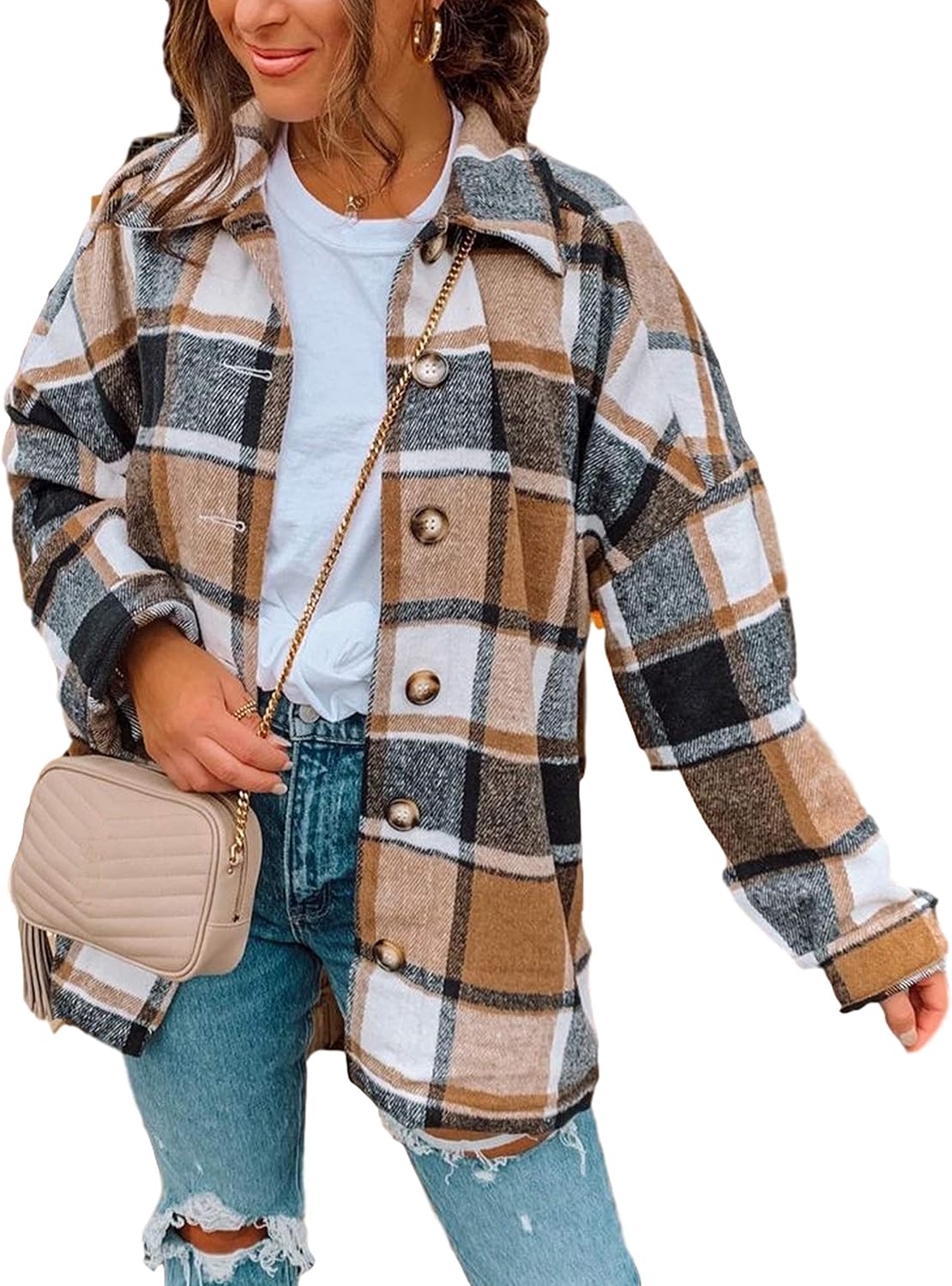 Yeokou Women's Plaid Flannel Shacket Oversized Button Down Long Sleeve Shirt Jacket Casual Spring Fall Outfits