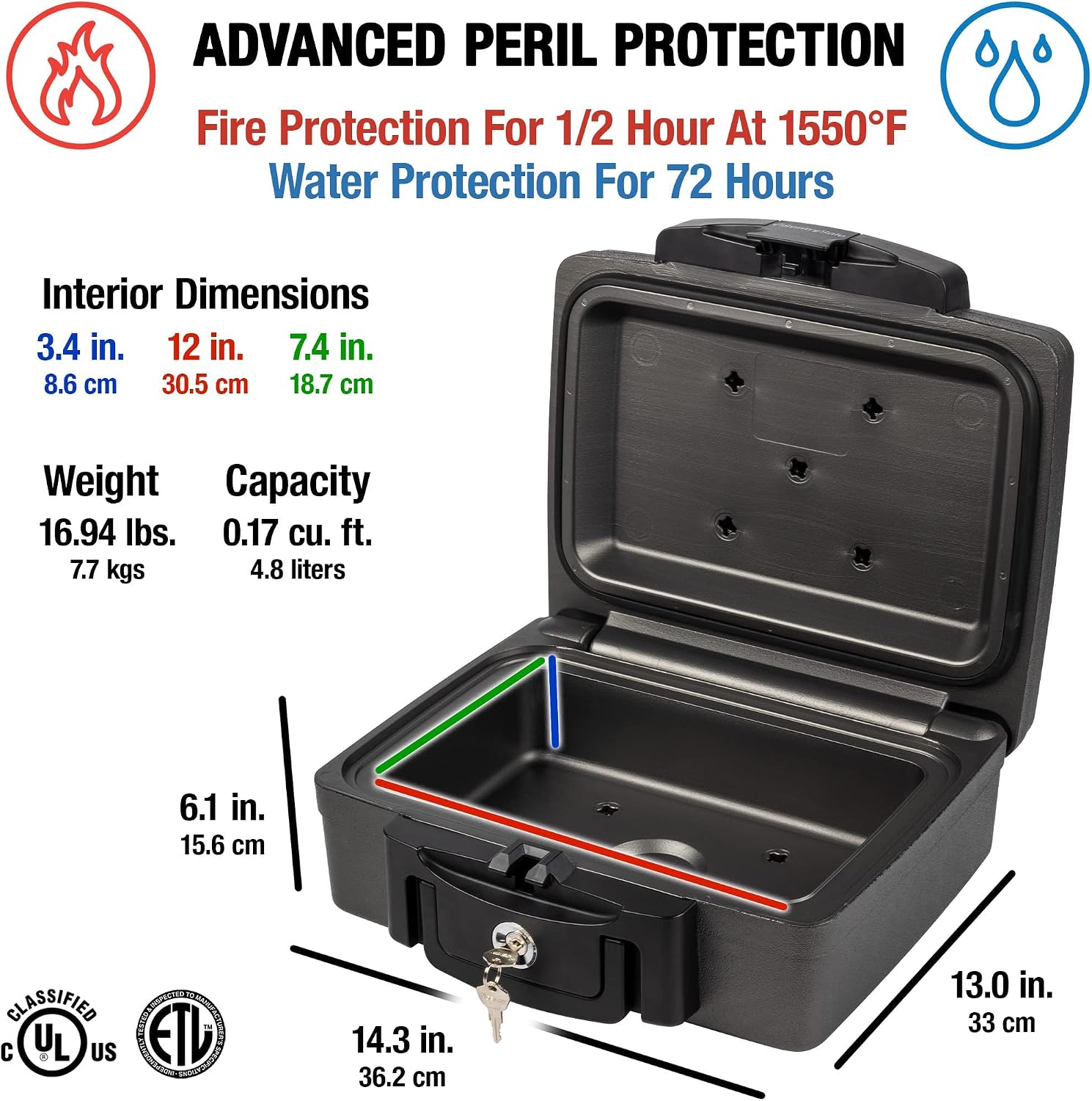 SentrySafe Fireproof and Waterproof Safe, Black Portable Lock Box with Key Lock and Carrying Handle for Money, Passport