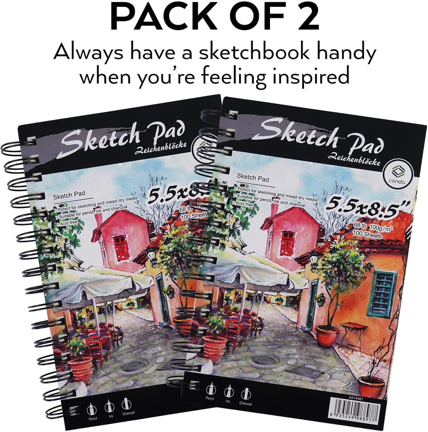 conda 8.5"x11" Sketch Book, 80 Sheets (68 lb/100gsm), Spiral Bound Artist Sketch Pad, Durable Acid Free Drawing Paper for Drawing Painting