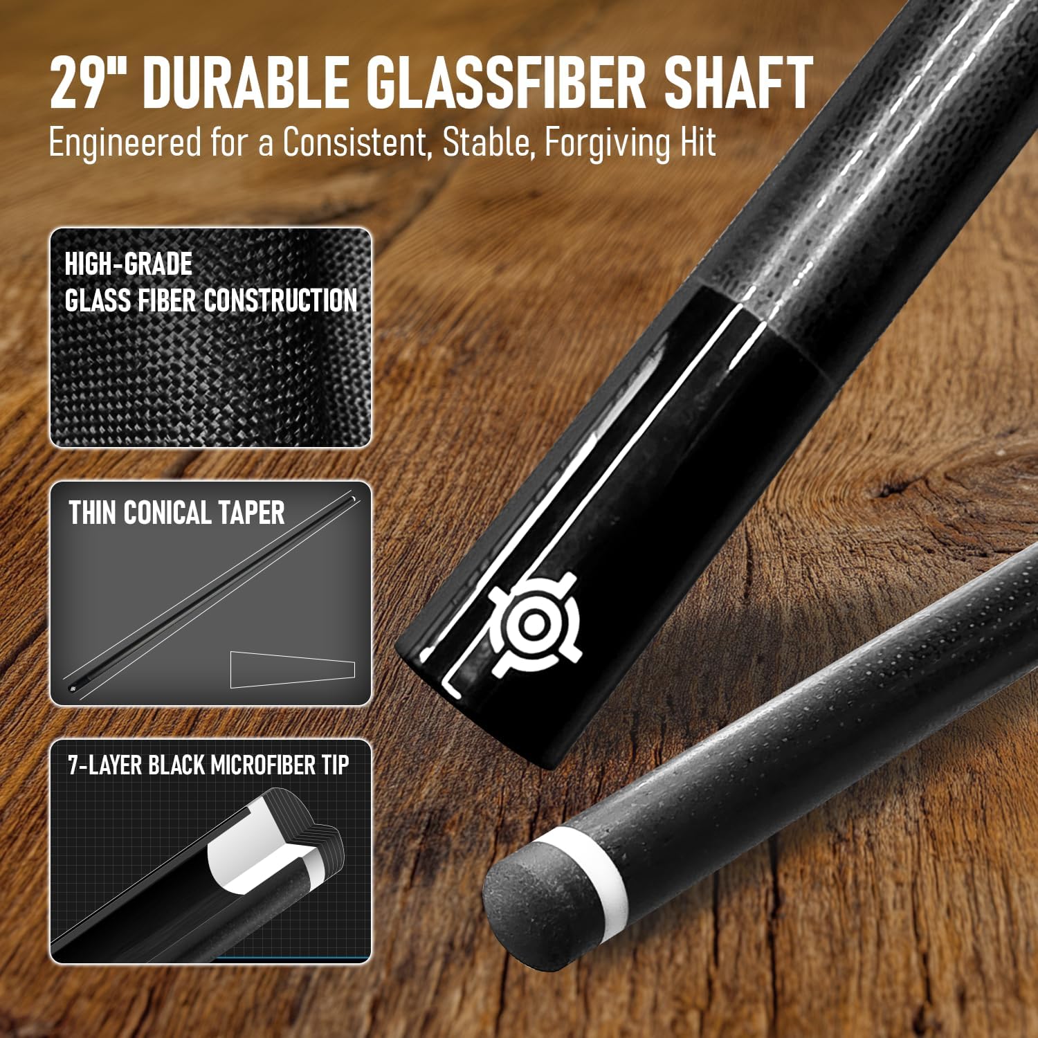 CUEBOTS Glass Fiber Cue, Glass Fiber House Cue Stick, Club Cue, Cue for Beginners, Durable Uni-QR, 3/8-10, 5/16-18 Joint, Long Lasting Glassfiber Shaft, 7-Layer Microfiber Tip
