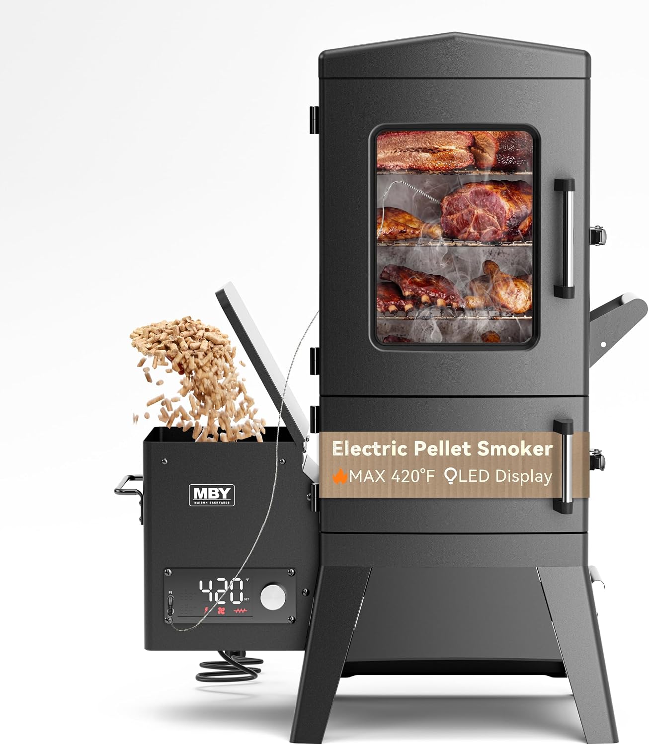 Electric Pellet Smoker with Rainproof Cover & Meat Probe, Vertical Pellet Smoker Grill with LED Display Temperature Control, 616 Sq.in