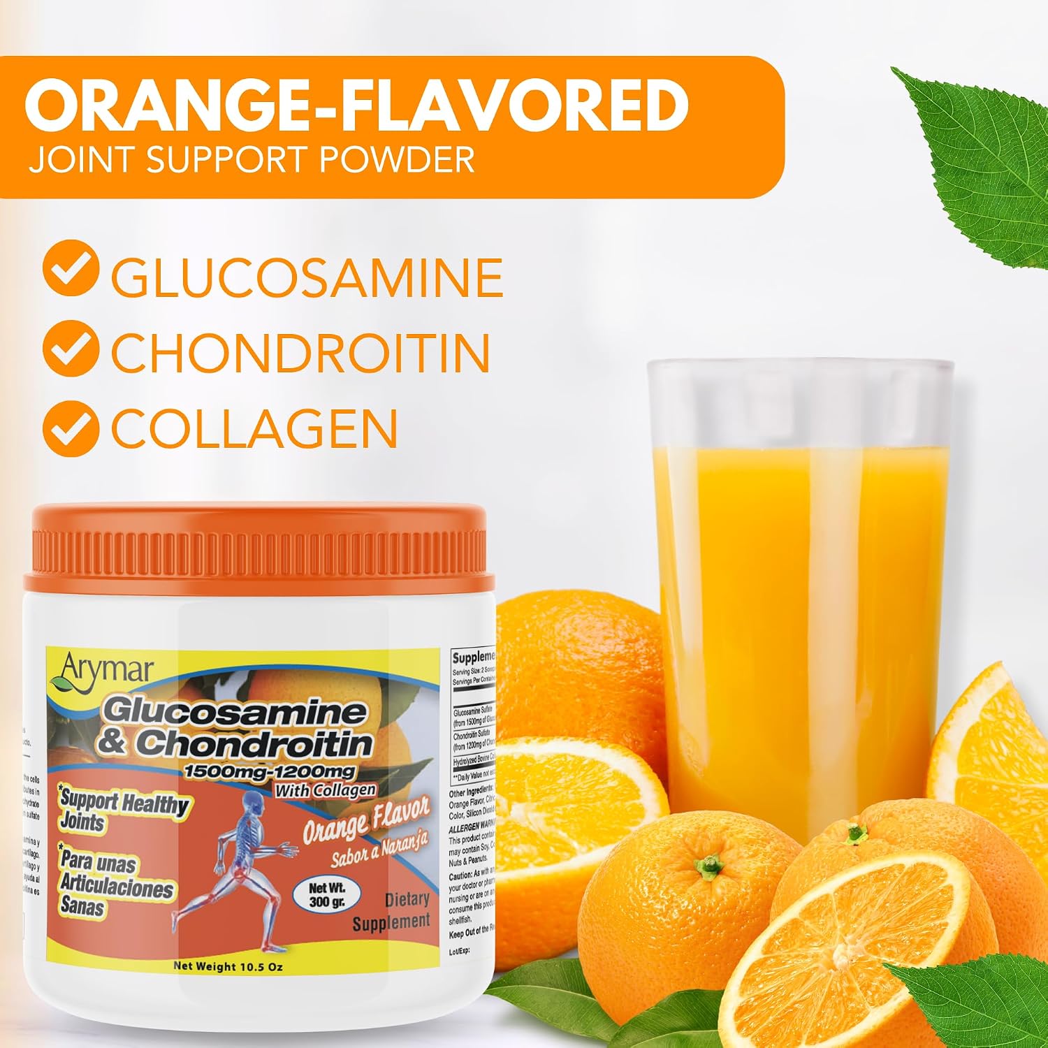 Arymar Glucosamine Chandroitin Powder (1500mg/1200mg) - Joint Health Support Supplement - Helps Maintain Mobility & Flexibility - High Absorption Formula - 300g (10.5 oz)