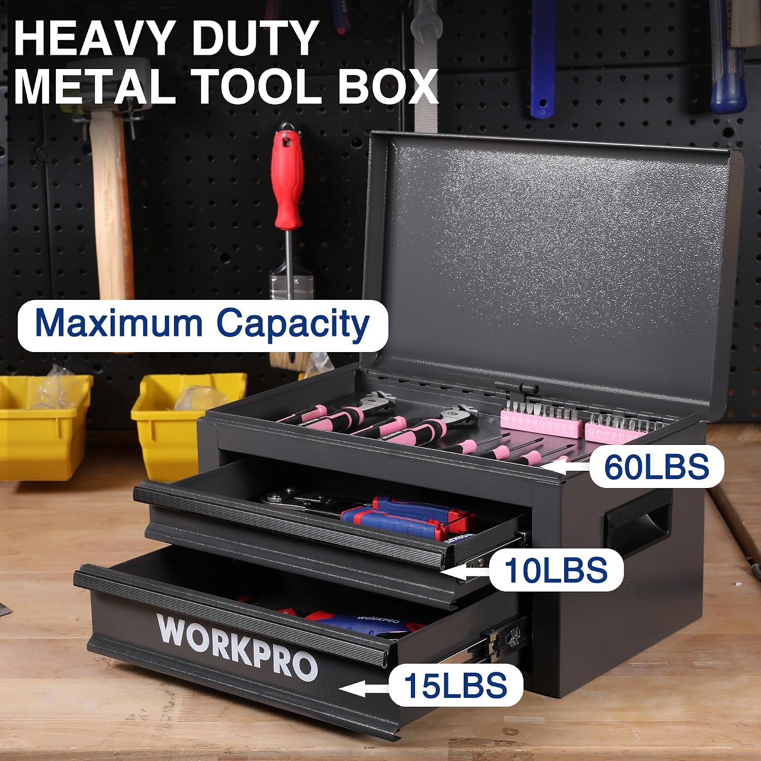 WORKPRO 15 Inch Metal Tool Box with 2 Drawers & 1 Top Storage, Heavy Duty Portable Tool Box with Handle for Garage, Office and Home, Up To 85 LBS Load Capacity