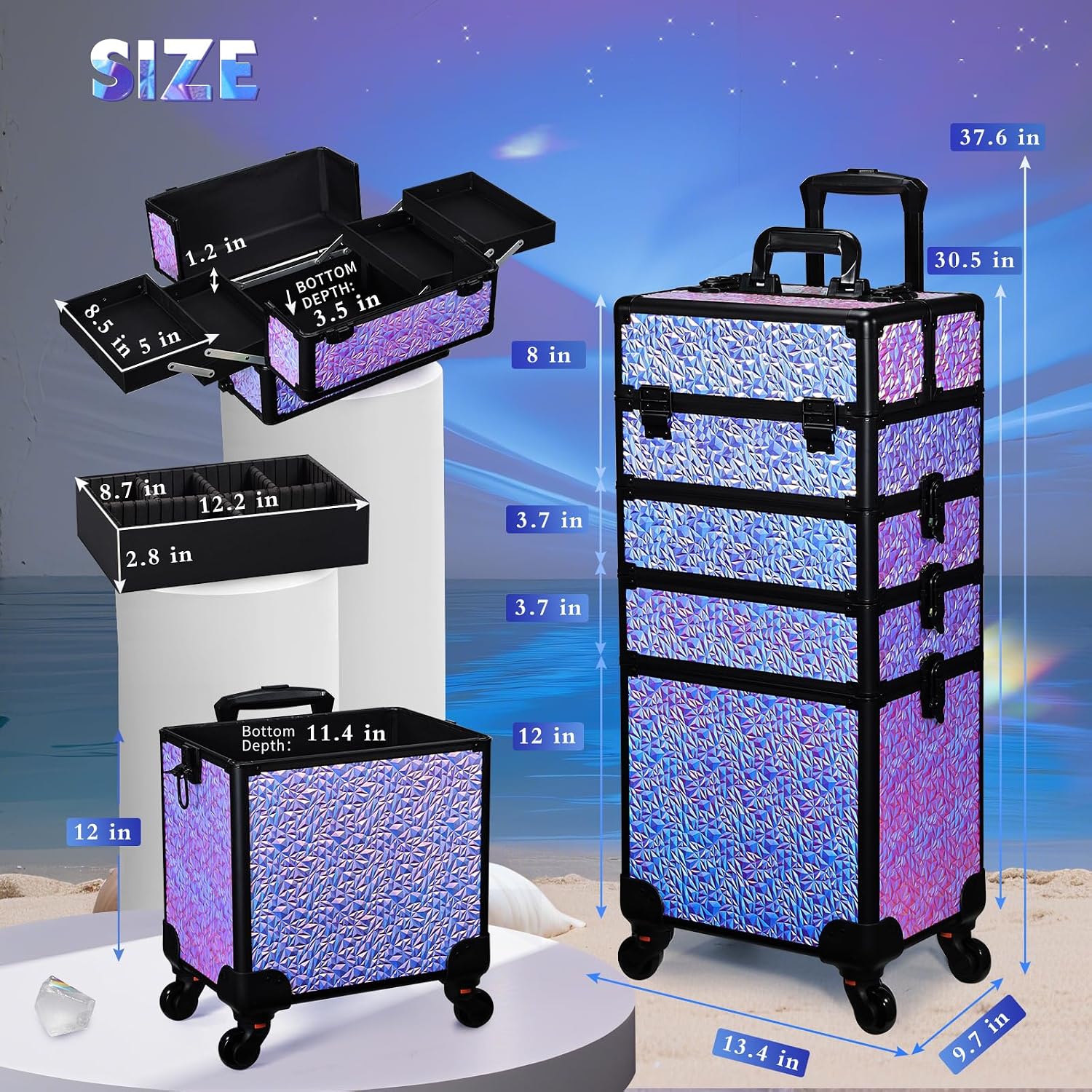 Stagiant Rolling Makeup Case Cosmetology Case on Wheels 4 in 1 Large Cosmetic Organizer Train Case Makeup Travel Case with Key Swivel Wheels Nail
