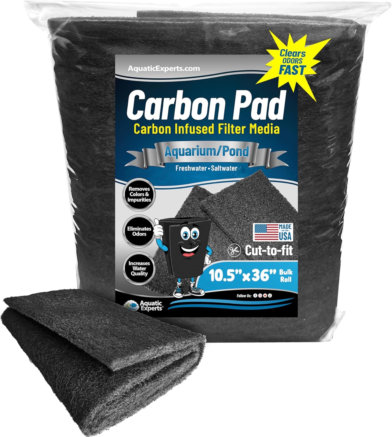 Aquarium Carbon Pad – Cut‑to‑Fit Carbon Infused Filter Pad Media for Crystal Clear Fish Tanks and Ponds, 3/8"–1/2" Thick (10.5 Inch Width
