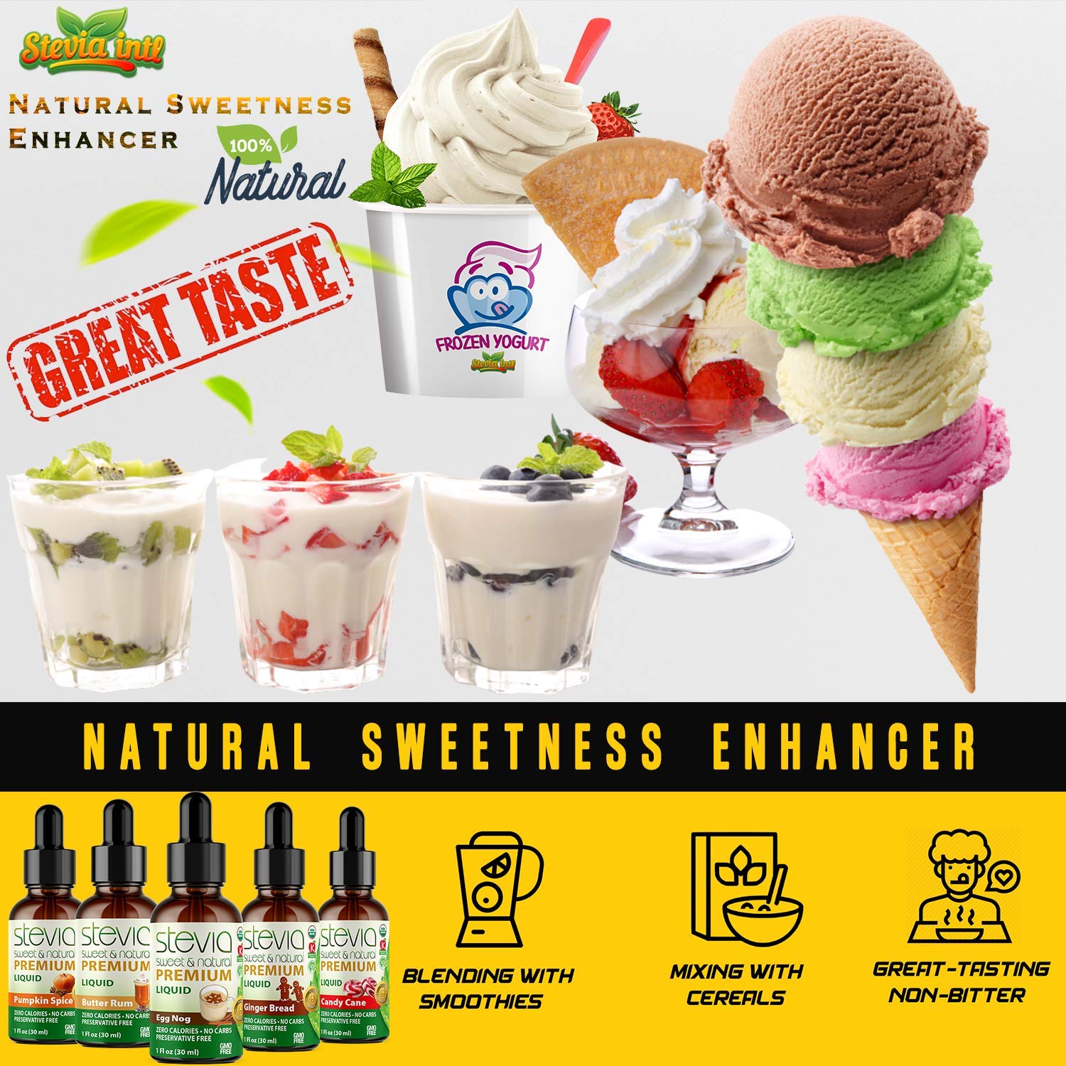 Stevia Intl - Holiday & Seasonal Special (Pack of 5). Premium Stevia Drops with 5 Flavors in Glass Bottles. 100% All-Natural Sweet, Non-Bitter