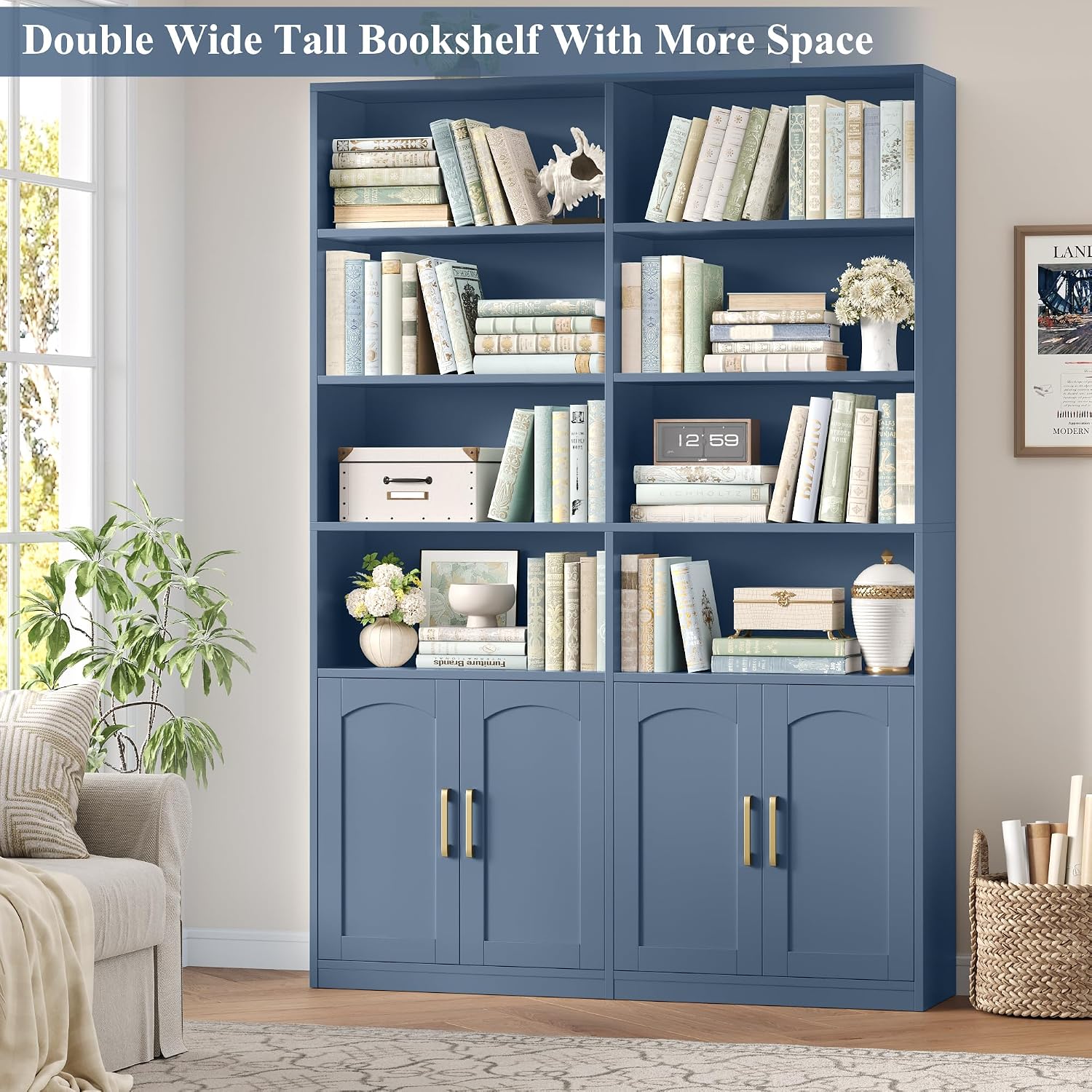Bookshelf and Bookcase with Doors, Double Wide Large Bookshelves | Industrial Open Display Shelves 6 Tier, 73'' Tall Bookshelf with Storage Cabinets for Office,Home, Living Room, Library,White