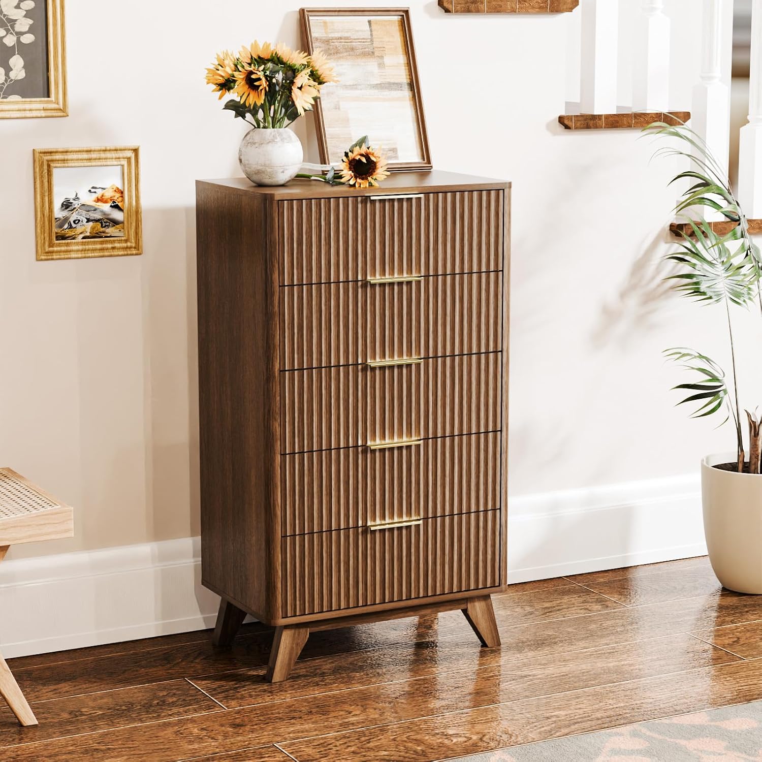 VINGLI Fluted Tall Dresser 5 Drawer, 23.66" W Chest of Drawers Gray Wood Dresser with Rounded Edges, Grey Dressers for Bedroom