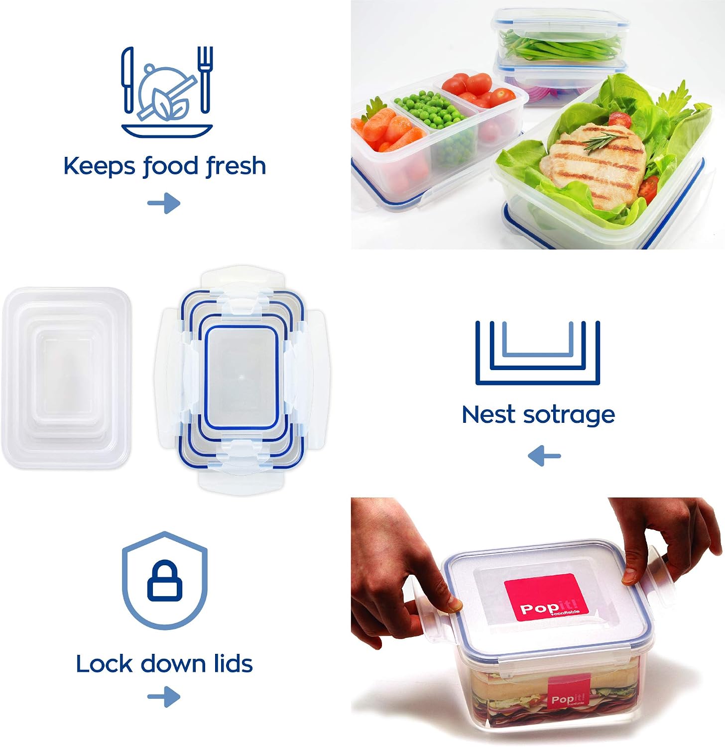Popit! Airtight Food Storage Containers with Lids, 8-Piece Set, BPA Free Plastic, Microwave, Freezer & Dishwasher Safe, Stackable