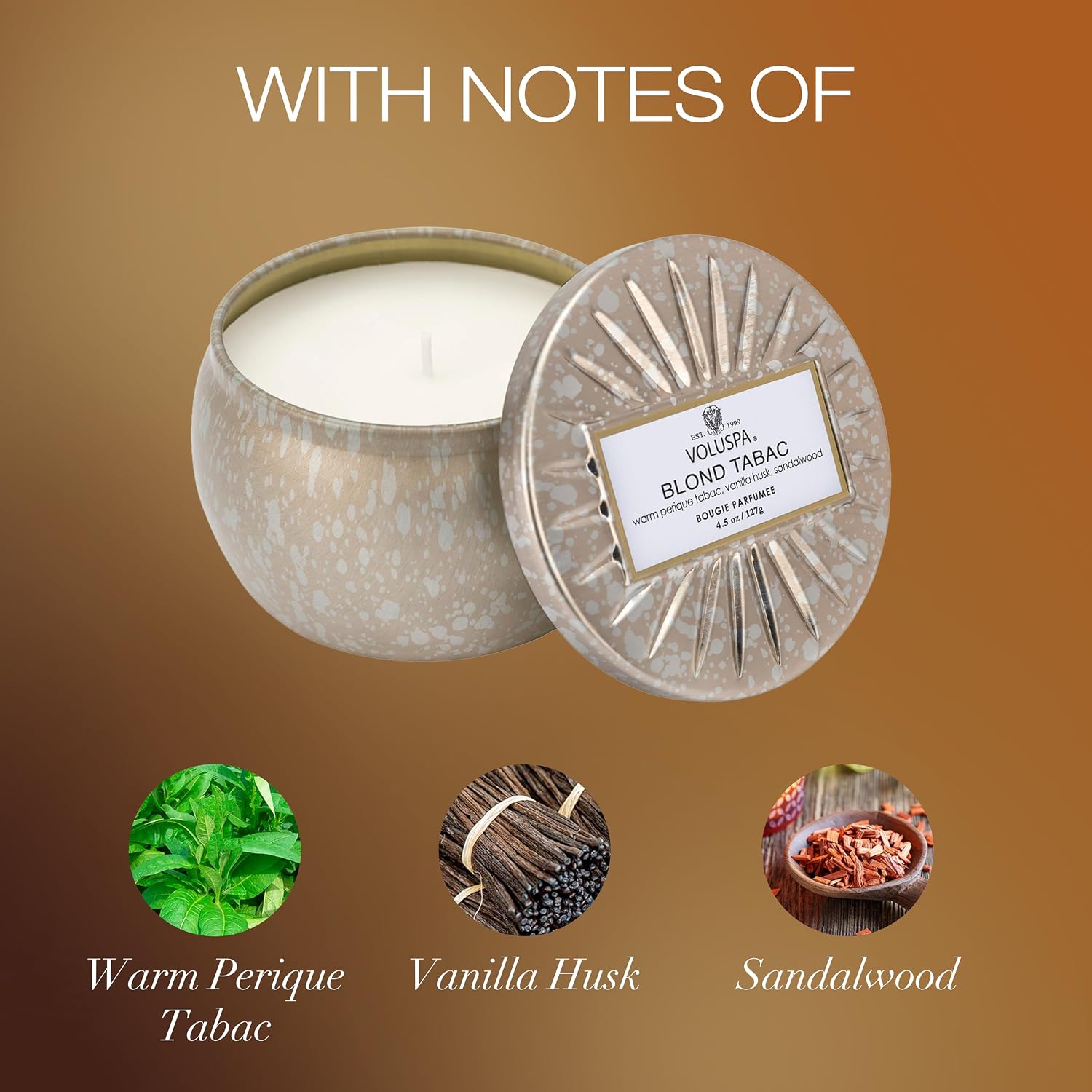 Voluspa Bourbon Vanille, Mini Tin Candle, 4 oz, 25 Hour Burn Time, Coconut Wax for Clean Burning, Handcrafted in the USA