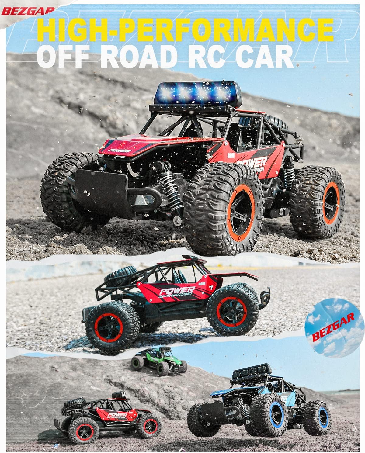 BEZGAR RC Cars for Boys - 1:14 Off Road RC Truck with LED Headlight | 2.4GHz steady wireless signal, shock-absorbing suspension, bright front lamp