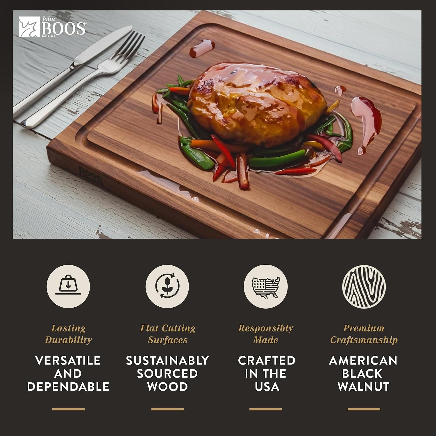 John Boos BBQ Series Rectangular Wooden Walnut Cutting Board, 3-Pack