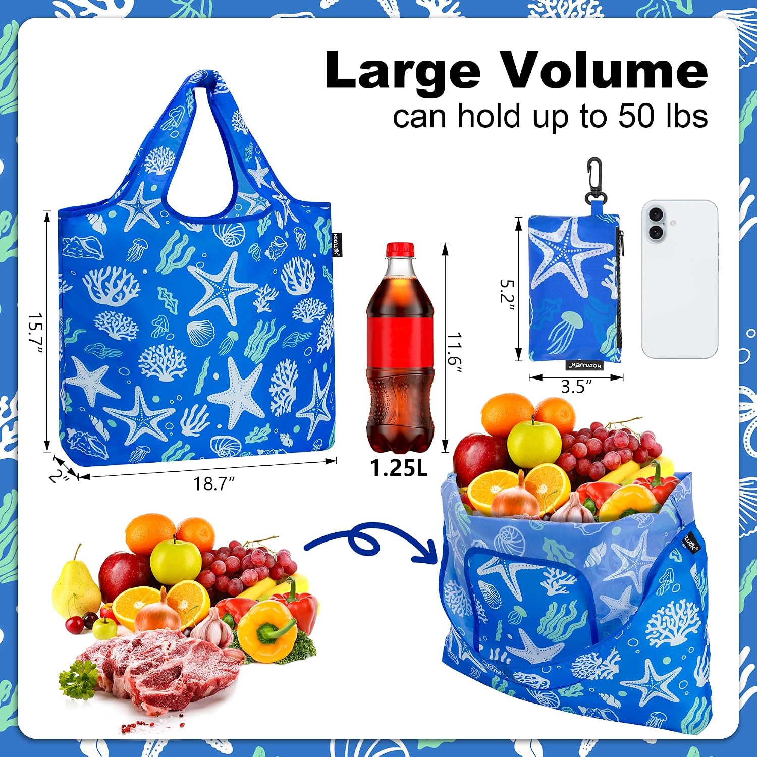 HOLYLUCK Reusable Grocery Bags,Heavy Duty Foldable Shopping Tote Bag (Standard, 3 Blue Geometric Flowers)