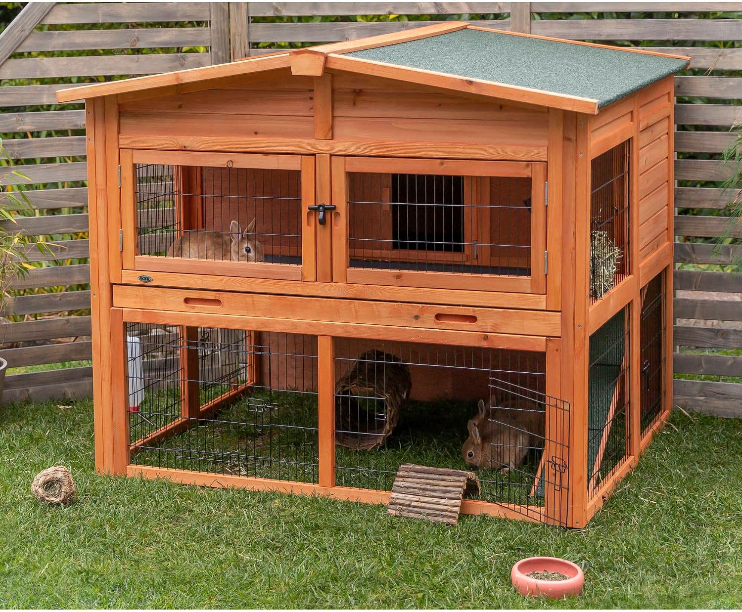 TRIXIE natura Outdoor Rabbit Hutch with Run - 2-Story Rabbit Cage with Non-Slip Ramp - Medium Elevated Small Animal House with Secure Playpen, Hinged Roof & Pull-Out Tray - in Brown