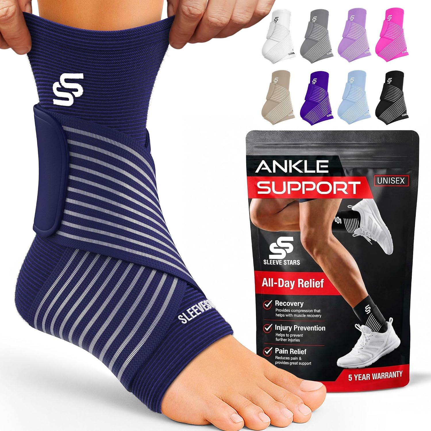 Sleeve Stars Ankle Brace for Women & Men, Ankle Wrap for Sprain, Compression Sleeve for Plantar Fasciitis Relief, Easy Customizable Support: w/ Removable Strap (Single/M:10"-12"/Black)