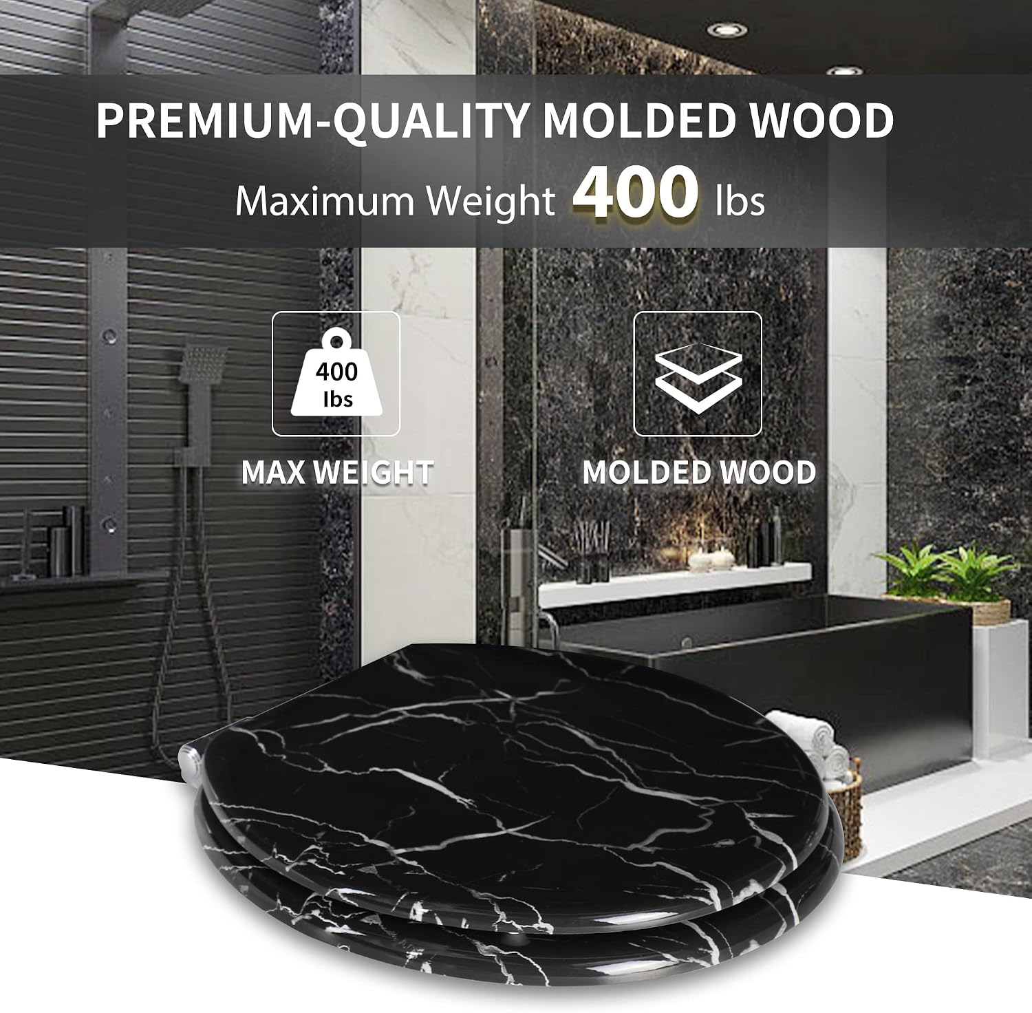 Angel Shield Marble Toilet Seat Durable Molded Wood with Quiet Close,Easy Clean，Quick-Release Hinges (Elongated,Black Marble)