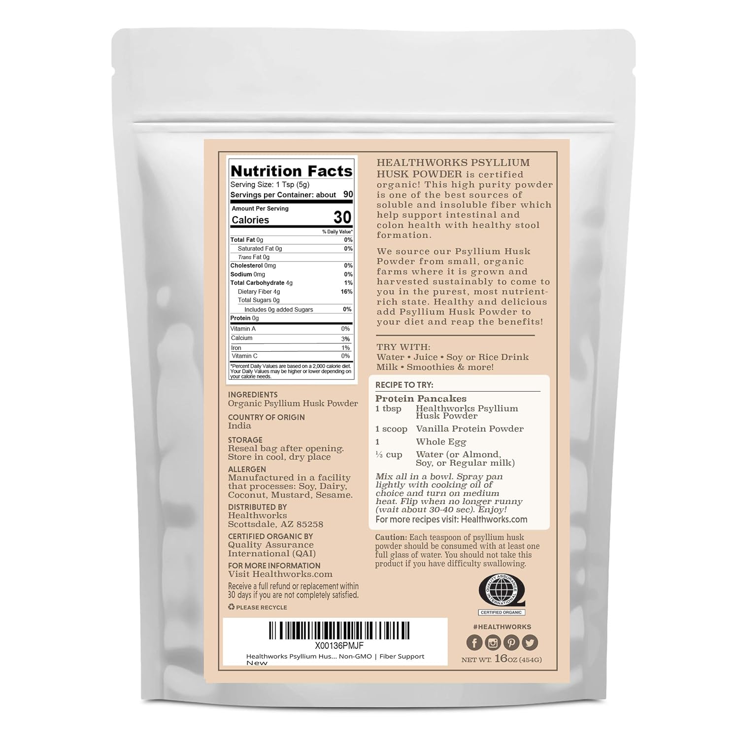 Healthworks Superfoods Organic Psyllium Husk Powder 2 lb Keto Soluble Fiber | Organic, Powder, 1 lb, Soluble Fiber, Digestive Support, Keto, Non-GMO, Vegan, For Gut Health, Prebiotic, Gluten-Free, Paleo
