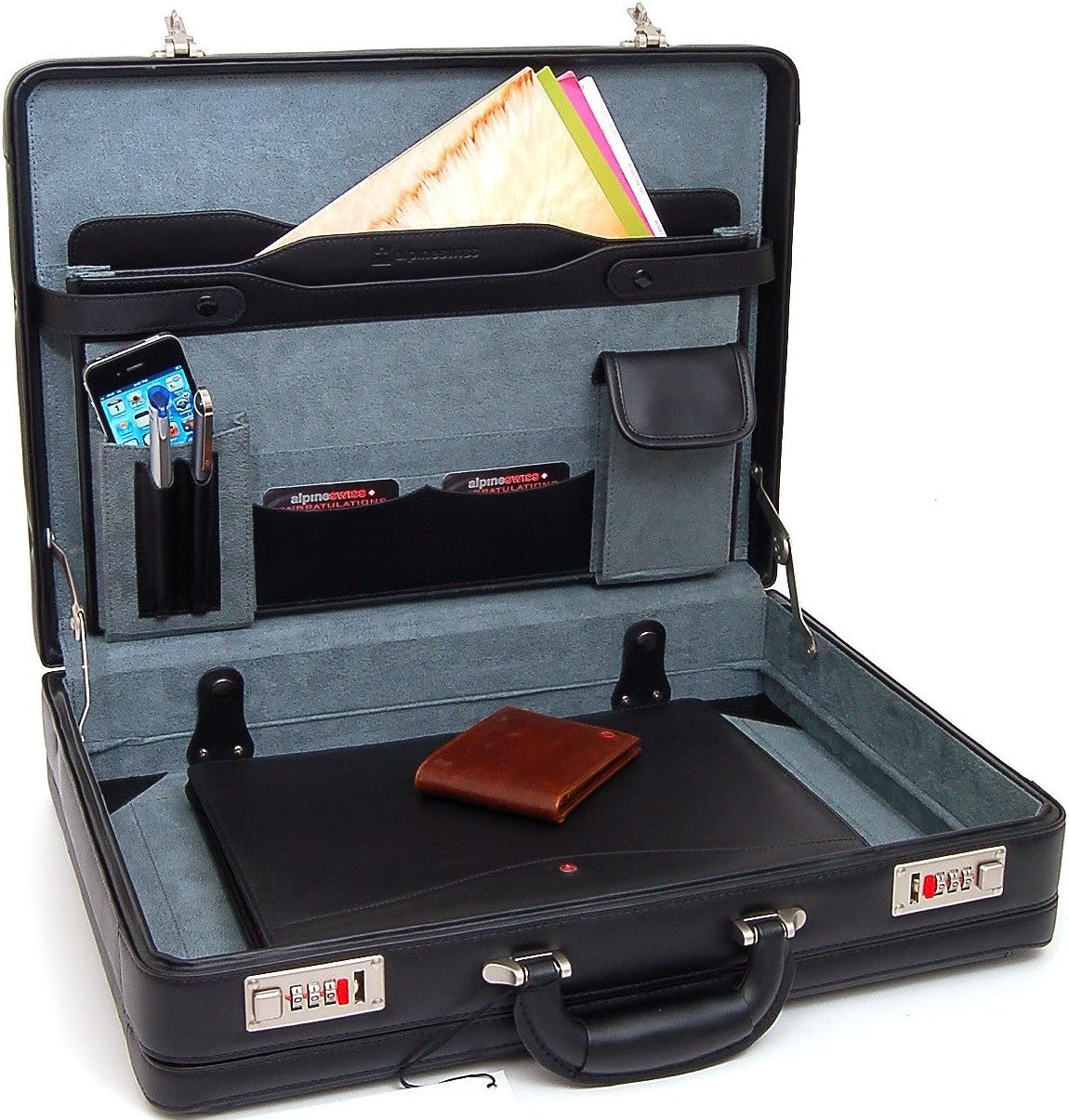 Alpine Swiss Mens Briefcase | Expandable Genuine Leather Attache Briefcase For Men | Dual Combination Lock Business Case