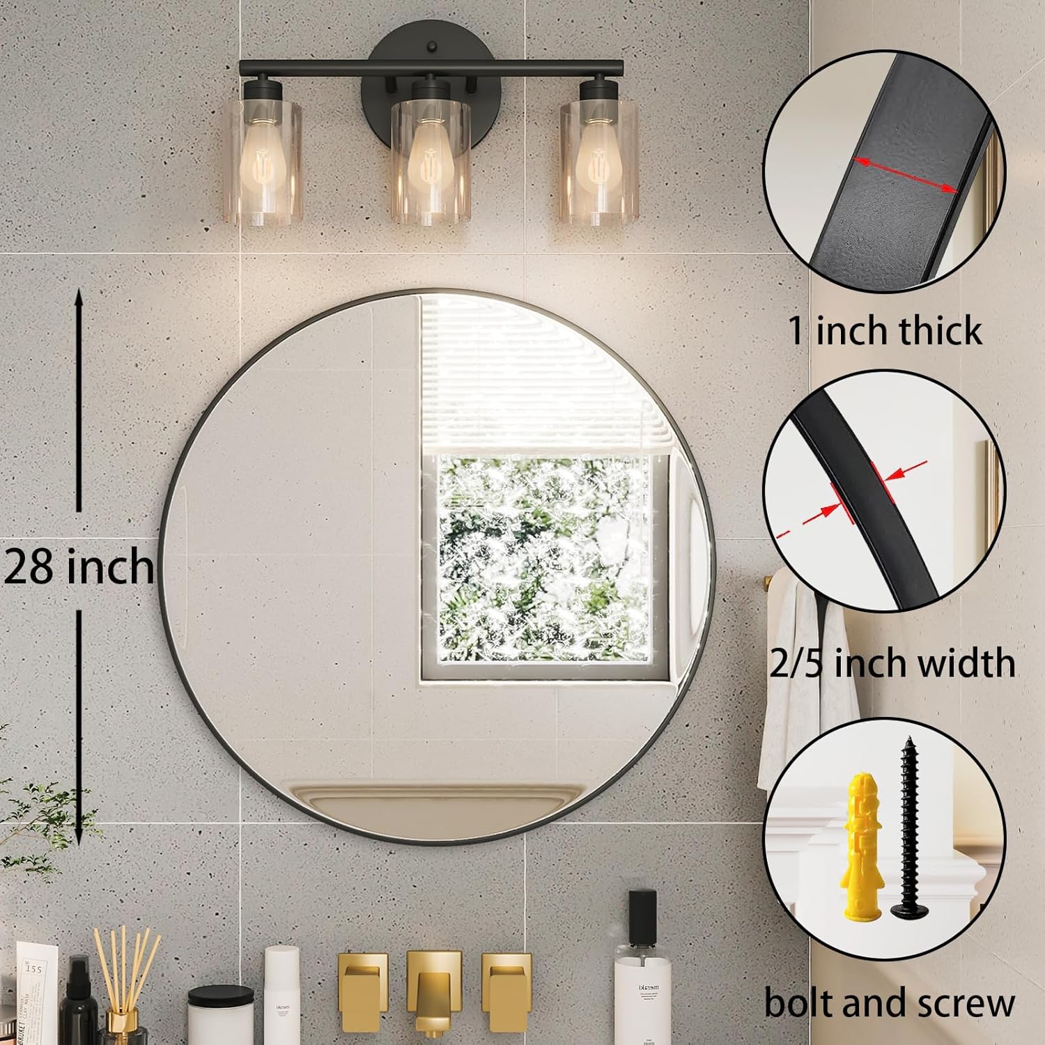 Growsun Black Round Mirror 24 inch, Wall Mounted Circle Mirror, Metal Framed Mirror for Bathroom Vanity, Bedroom Home Decor Mirros