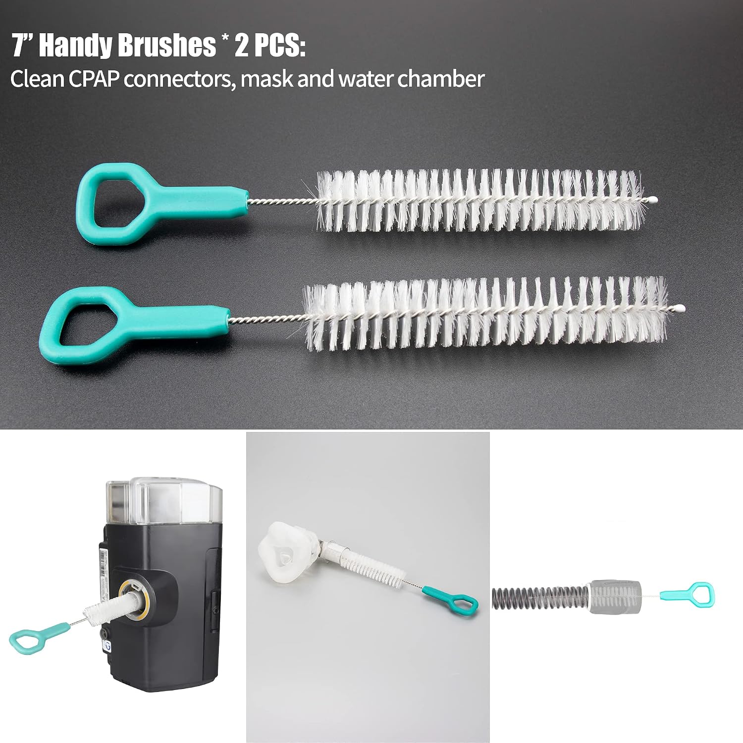 Jakia CPAP Tube Hose Cleaning Brush Kit 7 ft Strong Flexible Spring Body with Double Brush Heads Each 8.7" and 6.7“ Diameters Plus Two 7" Handy