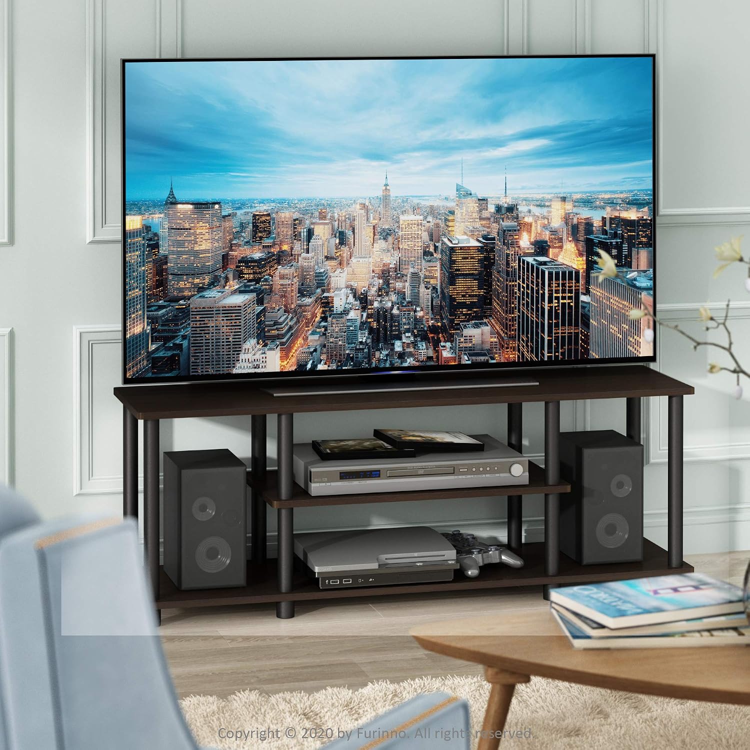 Furinno Turn-N-Tube No Tools 3D 3-Tier Entertainment TV Stand up to 50 inch TV, Round Tubes, French Oak Grey/Black | for TV up to 50 Inch, Open Frame Rectangular Entertainment Center with Storage Shelf, TV Console, for Living Room, Bedroom